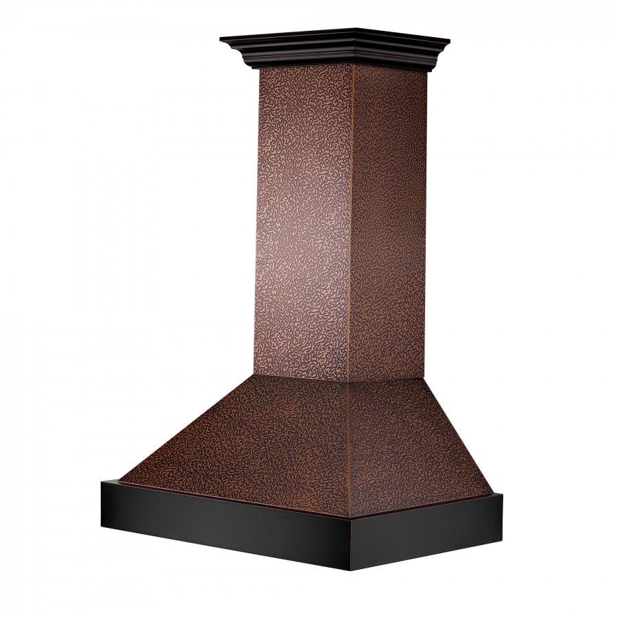 ZLINE Designer Series Wall Mount Range Hood in Embossed Copper with Oil-Rubbed Bronze Bands (655-EBXXX) side.
