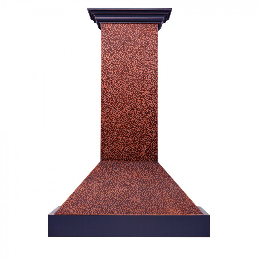 ZLINE Designer Series Wall Mount Range Hood in Embossed Copper with Oil-Rubbed Bronze Bands (655-EBXXX) front.