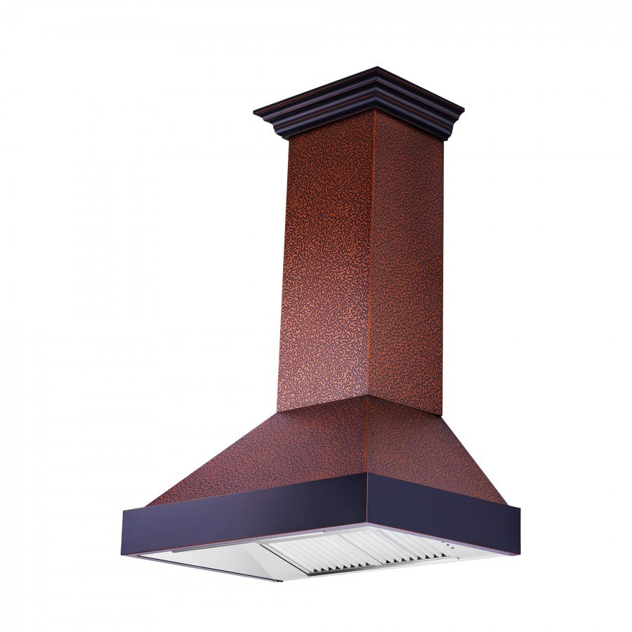 ZLINE Designer Series Wall Mount Range Hood in Embossed Copper with Oil-Rubbed Bronze Bands (655-EBXXX) side, under.