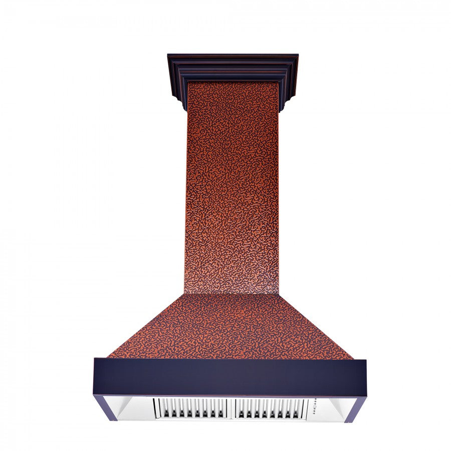 ZLINE Designer Series Wall Mount Range Hood in Embossed Copper with Oil-Rubbed Bronze Bands (655-EBXXX) front, under.