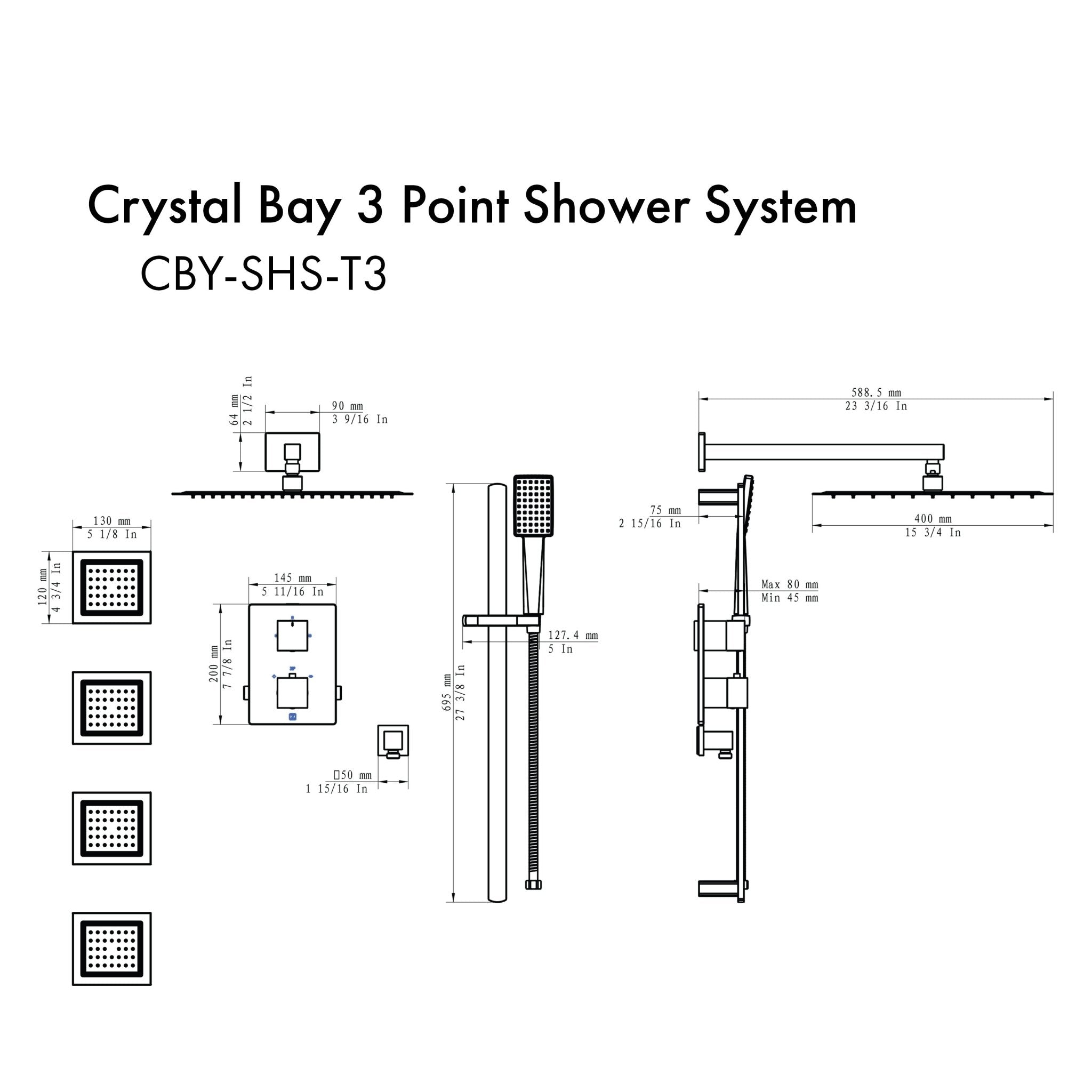 ZLINE Crystal Bay Thermostatic Shower System with Body Jets (CBY-SHS-T3) dimensional diagram