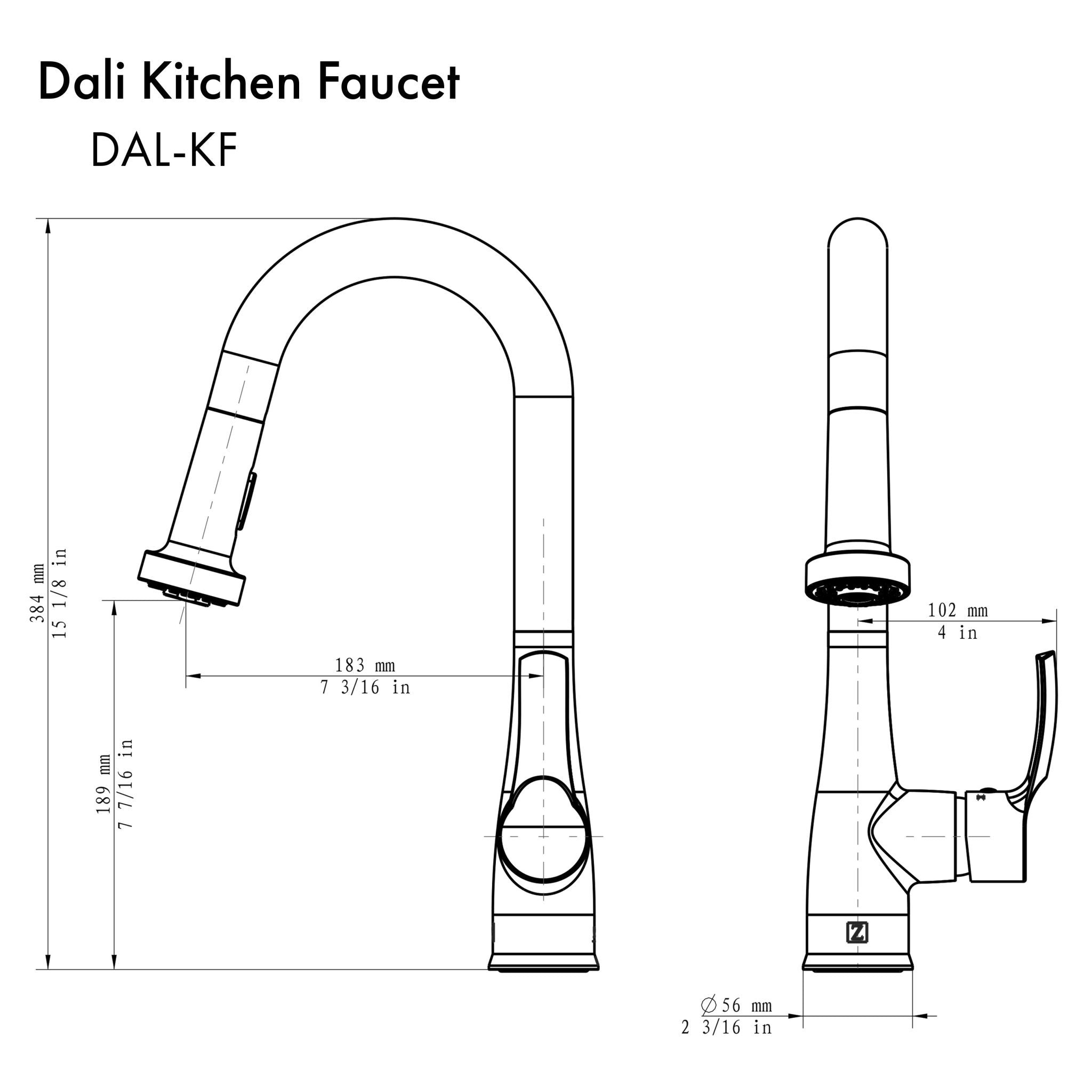 ZLINE Dali Kitchen Faucet (DAL-KF) Dimensional Diagram