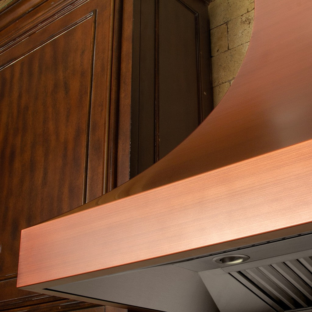 ZLINE Designer Series Copper Finish Wall Range Hood (8632C) close-up, 7-layer copper finish.