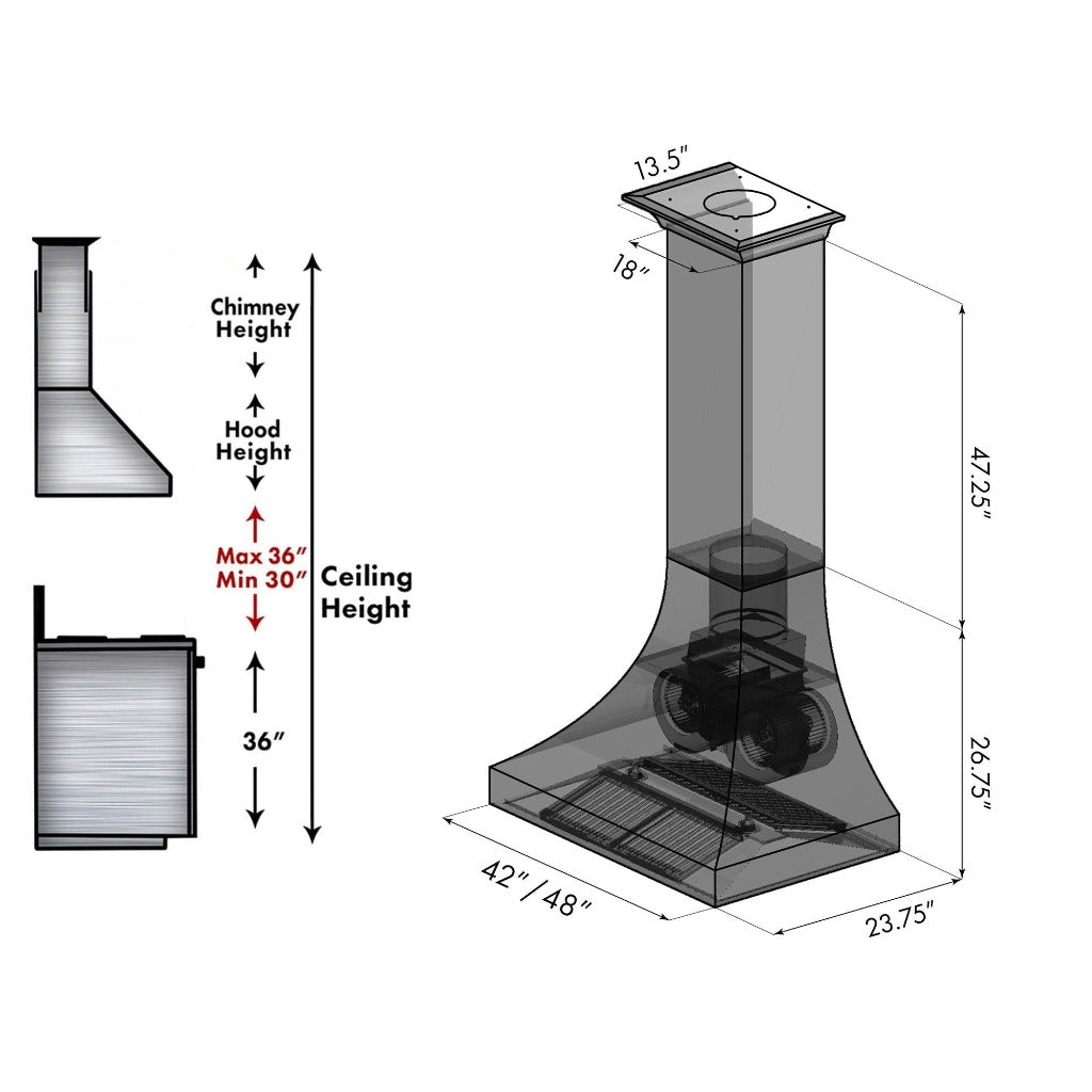 ZLINE Designer Series Copper Finish Wall Range Hood (8632C) chimney height guide and dimensional measurements.