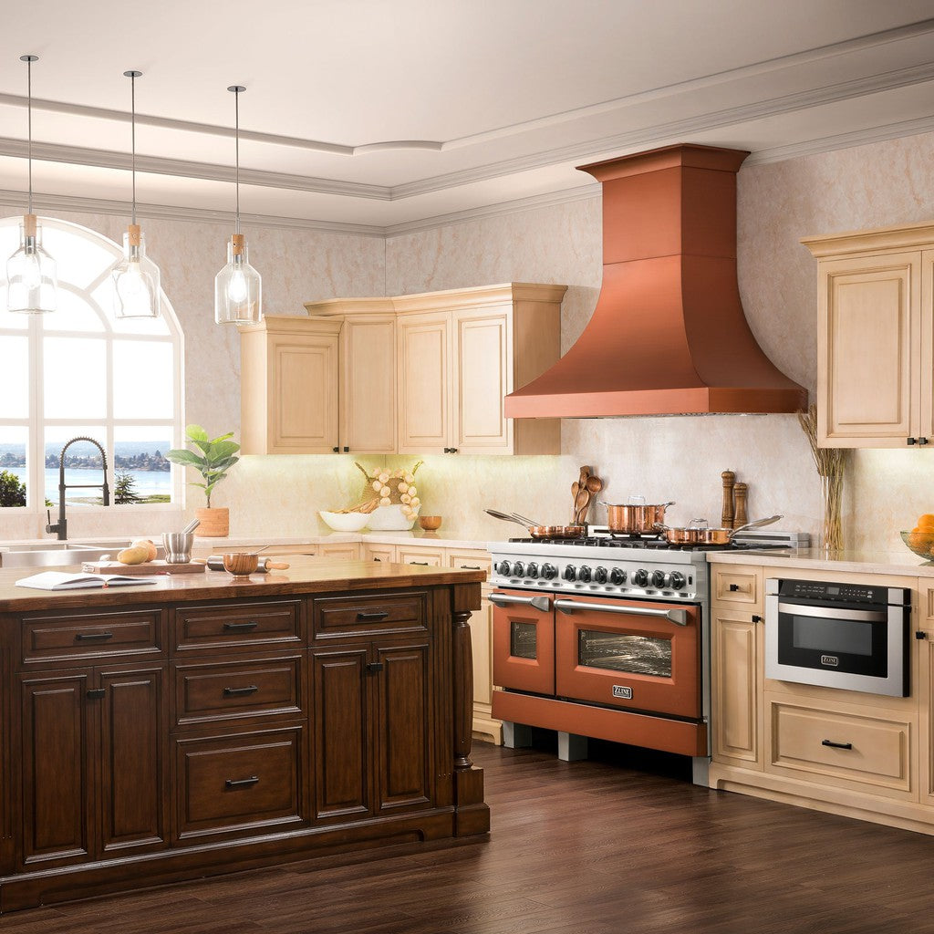 ZLINE Designer Series Copper Finish Wall Range Hood (8632C) in a luxury farmhouse-style kitchen.
