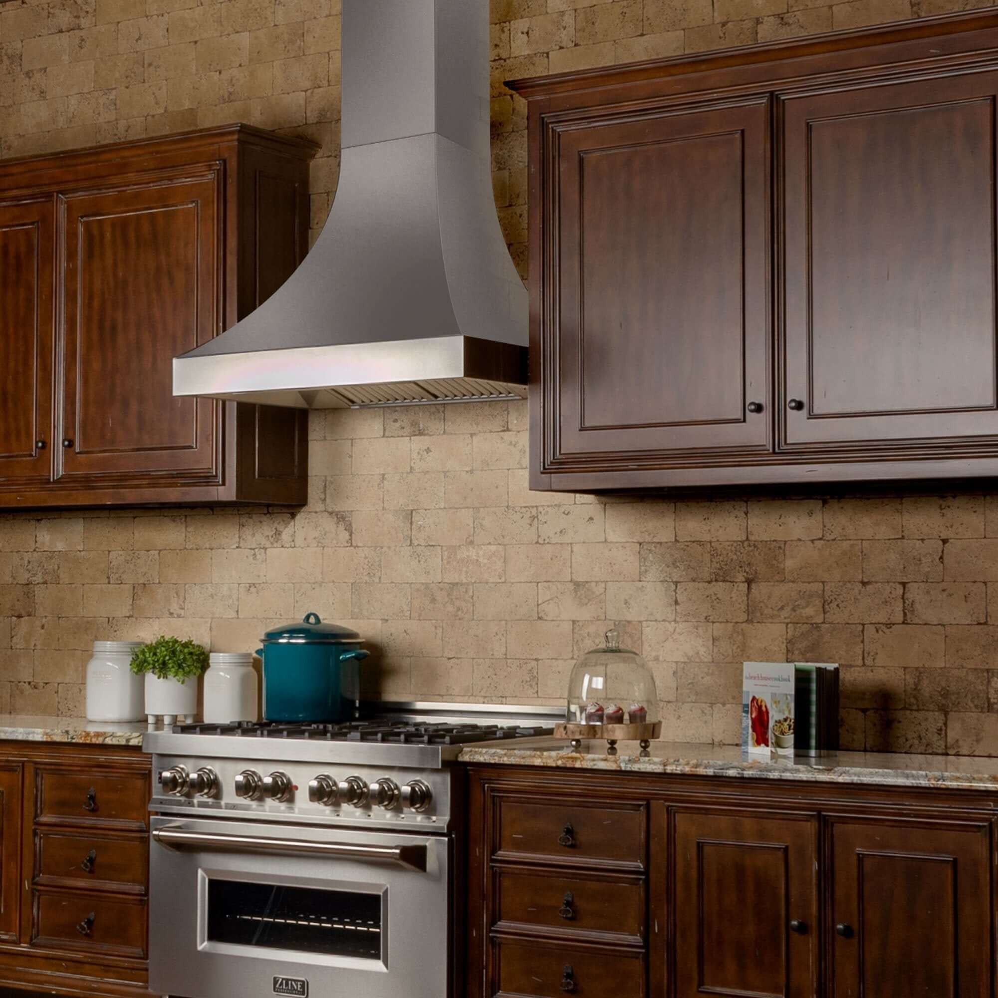 ZLINE Designer Series Fingerprint Resistant Stainless Steel Wall Range Hood (8632S) in a rustic-style kitchen.
