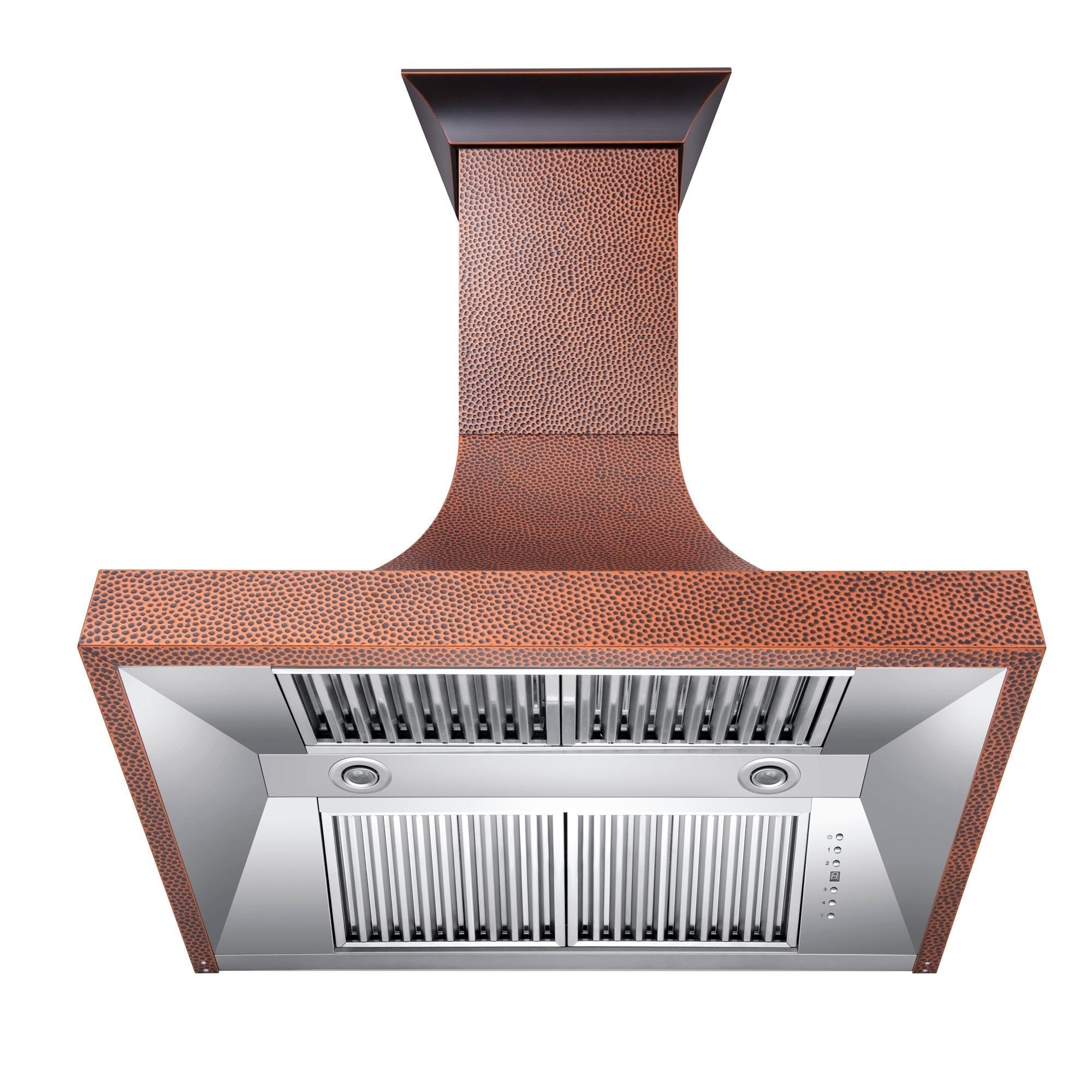 Under view of LED lighting and baffle filters of ZLINE Designer Series Hand-Hammered Copper Finish Wall Mount Range Hood (8632H)