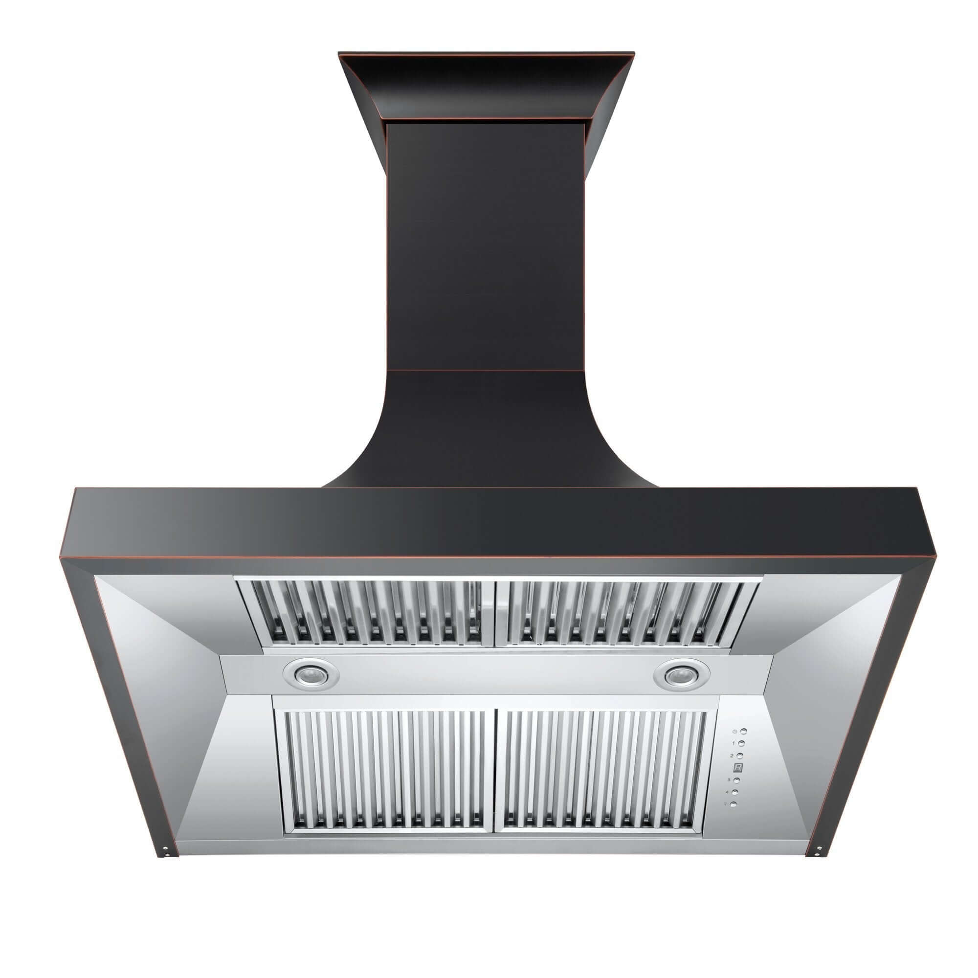 ZLINE Designer Series Oil-Rubbed Bronze Wall Range Hood (8632B) under showing baffle filters, LED lighting, and button control panel with display.