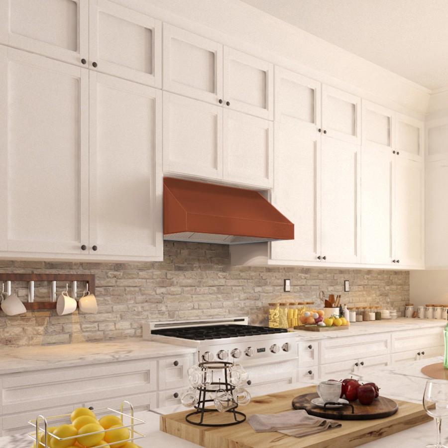 ZLINE Designer Series Under Cabinet Range Hood (8685C) in a cottage-style kitchen side.