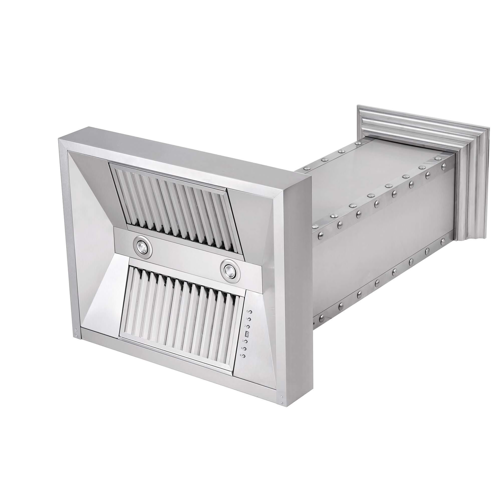 ZLINE Designer Series Wall Mount Range Hood in DuraSnow Stainless Steel with Nailhead Rivets (655-4SSSS) side under view of LED lighting and baffle filters.