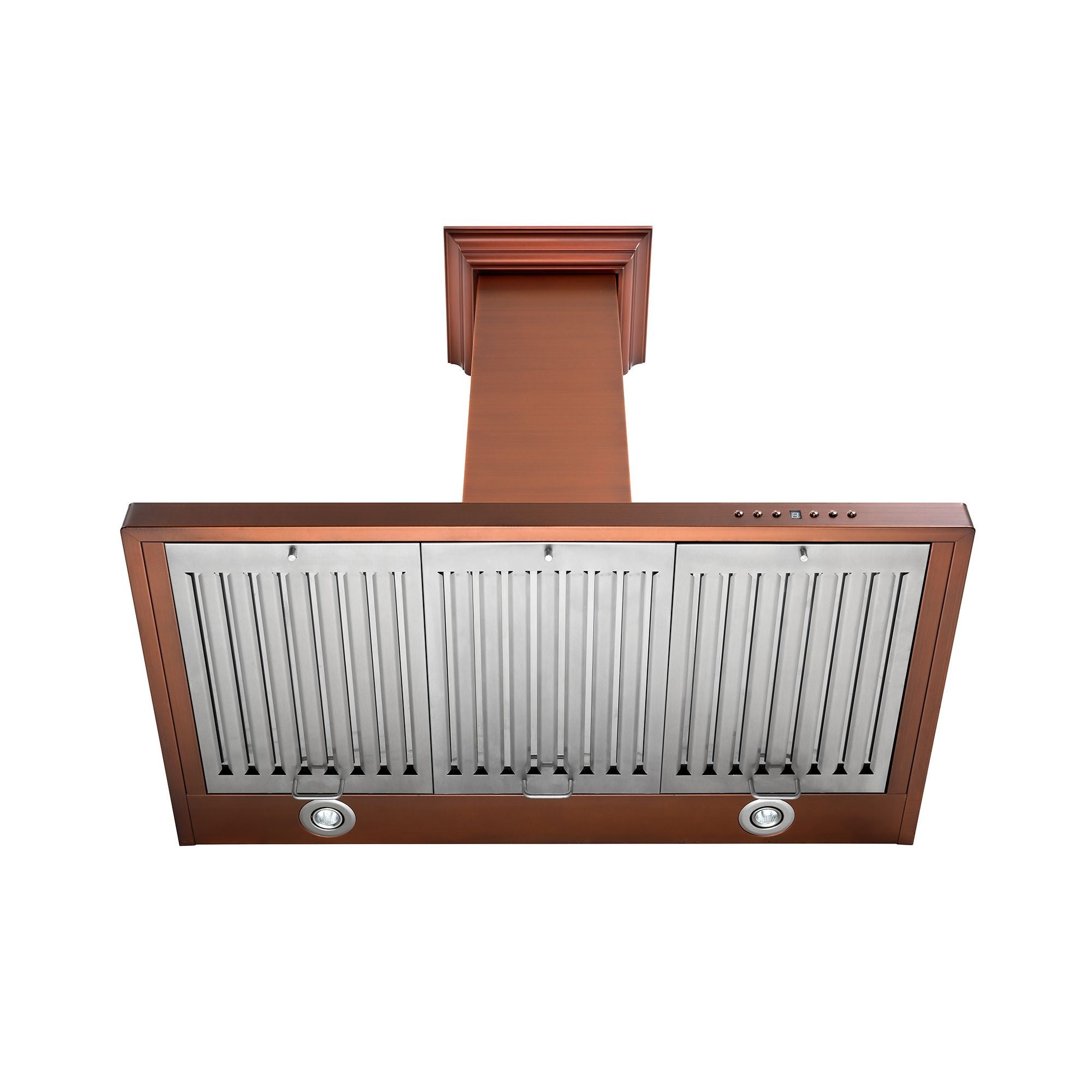 ZLINE Designer Series 7-Layer Copper Wall Mount Range Hood (8KBC) under showing baffle filters and LED lighting.
