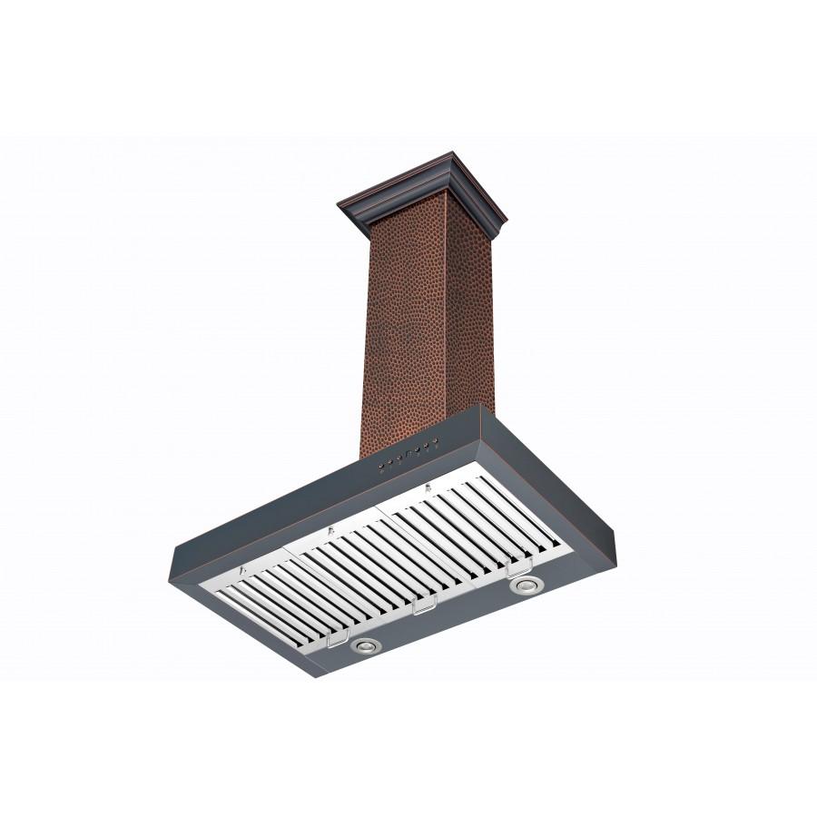 ZLINE Ducted Vent Designer Series Wall Mount Range Hood in Hand-Hammered Copper (KB2-HBXXX) under, side.