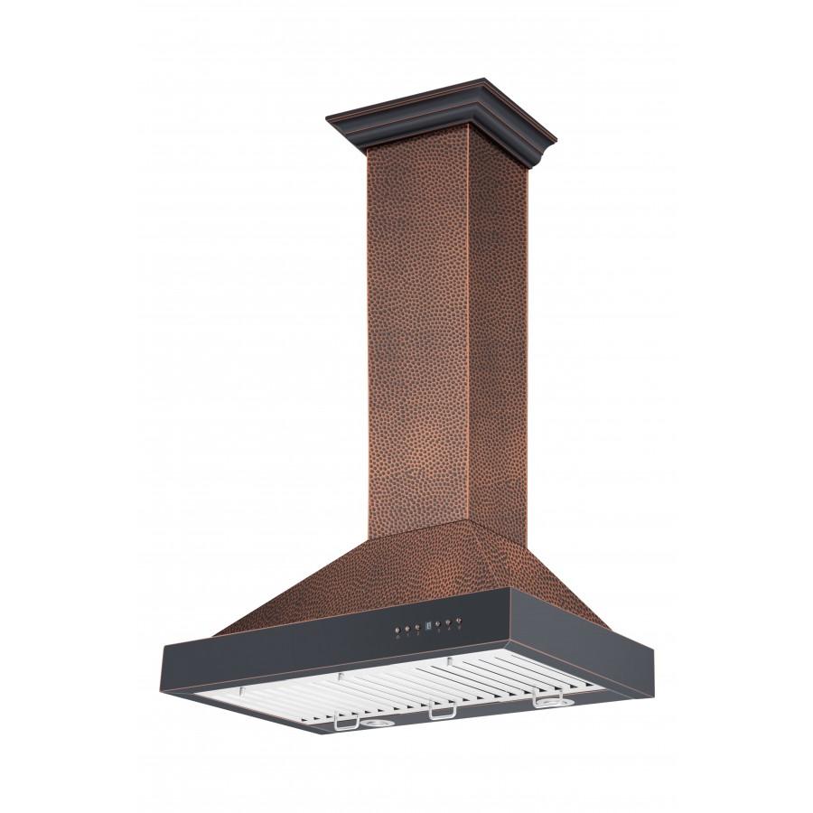 ZLINE Ducted Vent Designer Series Wall Mount Range Hood in Hand-Hammered Copper (KB2-HBXXX) side, under.