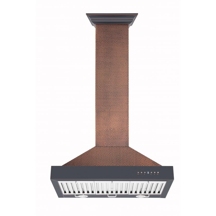 ZLINE Ducted Vent Designer Series Wall Mount Range Hood in Hand-Hammered Copper (KB2-HBXXX) front, under.