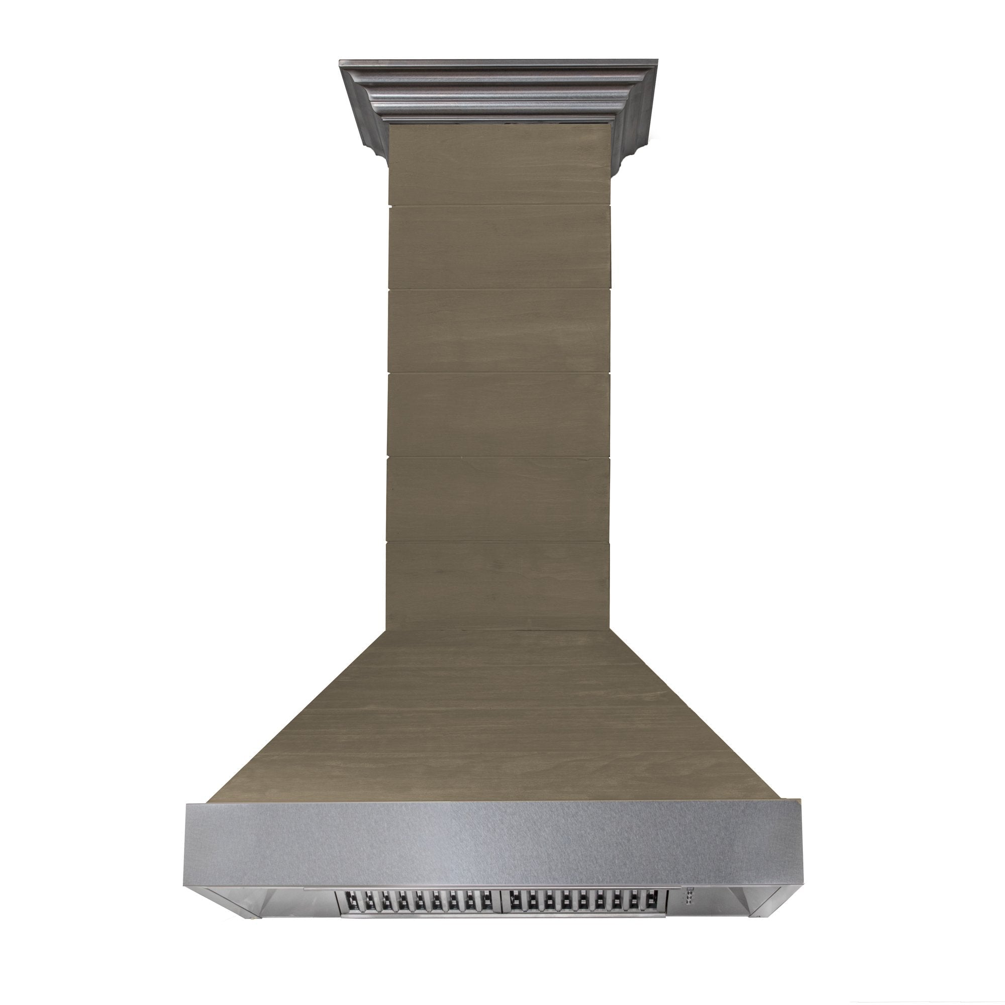 ZLINE Shiplap Wooden Wall Range Hood with Stainless Steel Accents (365YY) front.