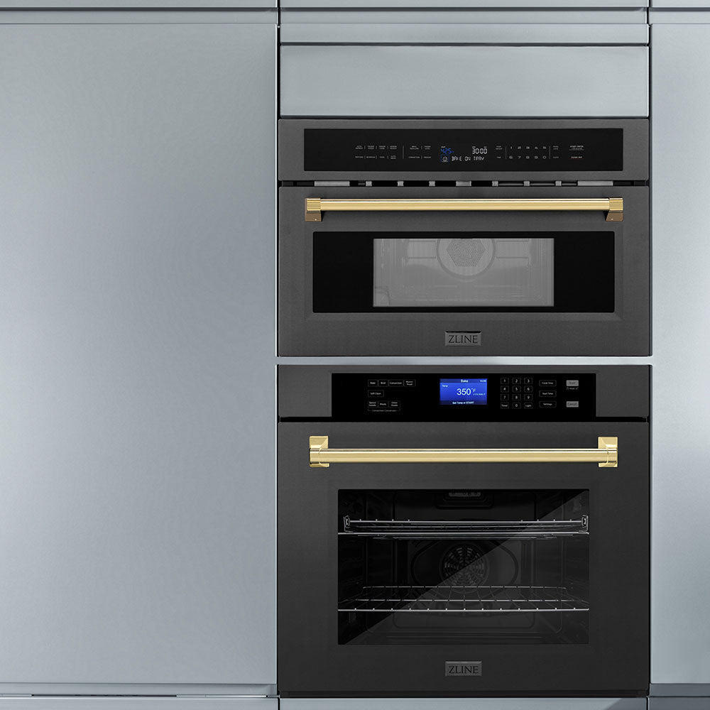 ZLINE Autograph Edition 30 in. 1.6 cu ft. Built-in Convection Microwave Oven in Black Stainless Steel with Polished Gold Accents (MWOZ-30-BS-G) in a luxury kitchen above matching wall oven