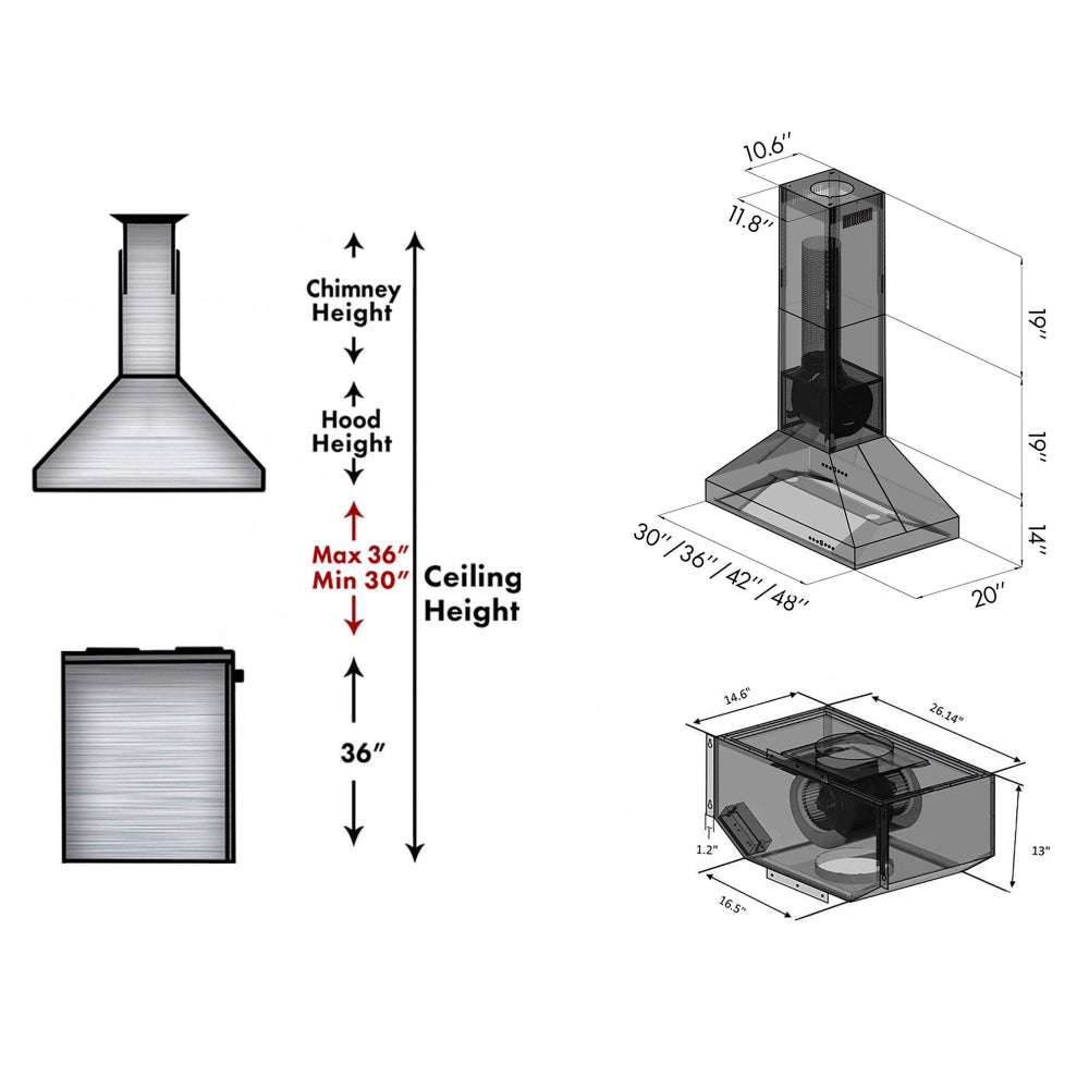 ZLINE Remote Blower Island Mount Range Hood in Stainless Steel (597i-R) dimensional diagram.