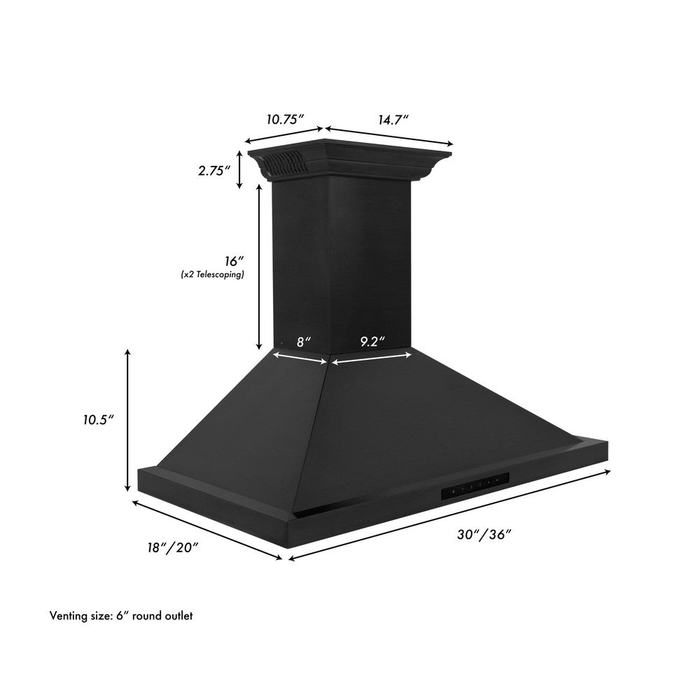 ZLINE Ducted Vent Wall Mount Range Hood in Black Stainless Steel with Built-in ZLINE CrownSound Bluetooth Speakers (BSKBNCRN-BT) 