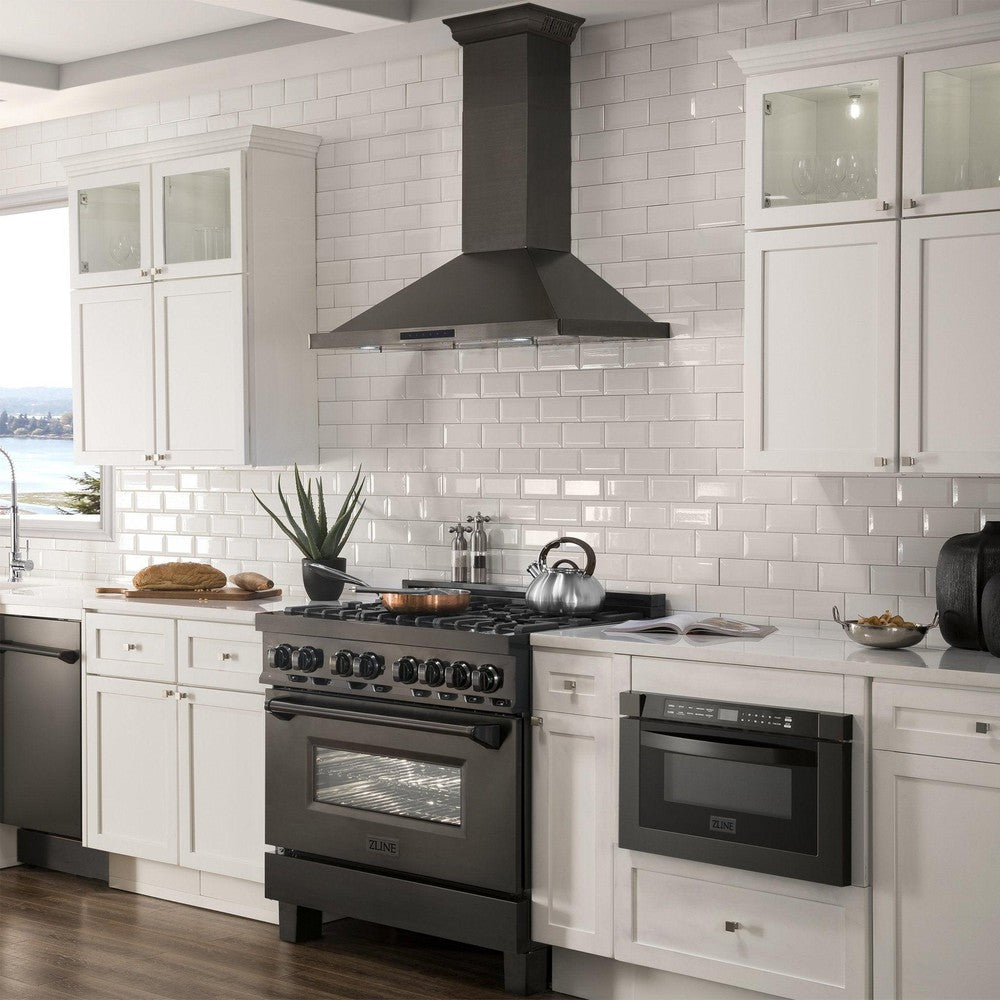 ZLINE Ducted Vent Wall Mount Range Hood in Black Stainless Steel with Built-in ZLINE CrownSound Bluetooth Speakers (BSKBNCRN-BT) 