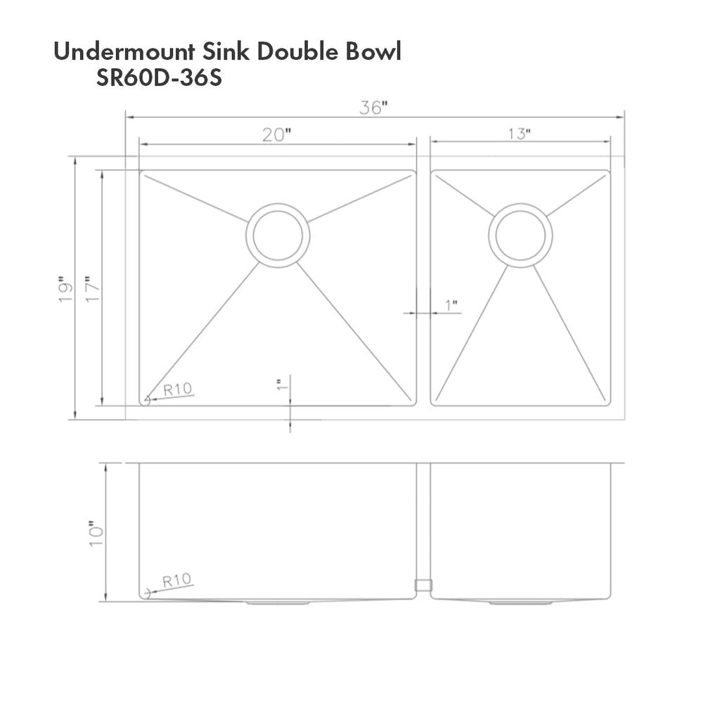 ZLINE 36 in. Chamonix Undermount Double Bowl Kitchen Sink with Bottom Grid (SR60D-36) dimensional diagram with measurements.