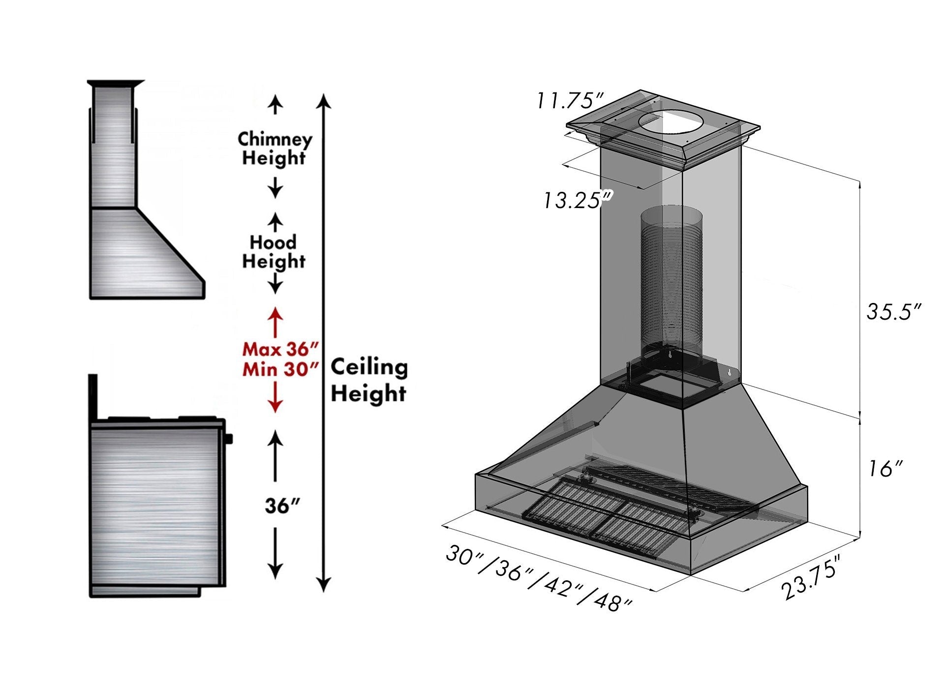 ZLINE Fingerprint Resistant Stainless Steel Range Hood With White Matte Shell (8654WM) chimney height guide and dimensions.
