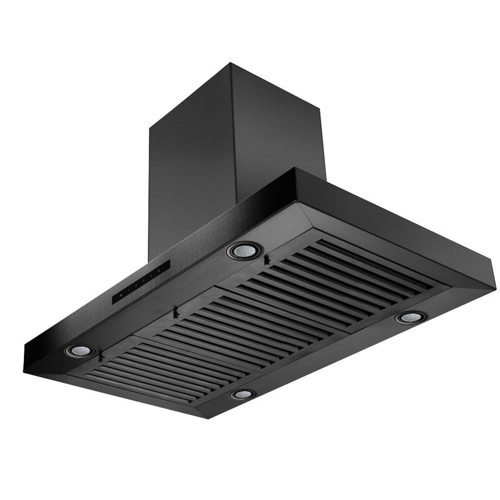 ZLINE Convertible Island Mount Range Hood in Black Stainless Steel (BSKE2iN) side, under. 