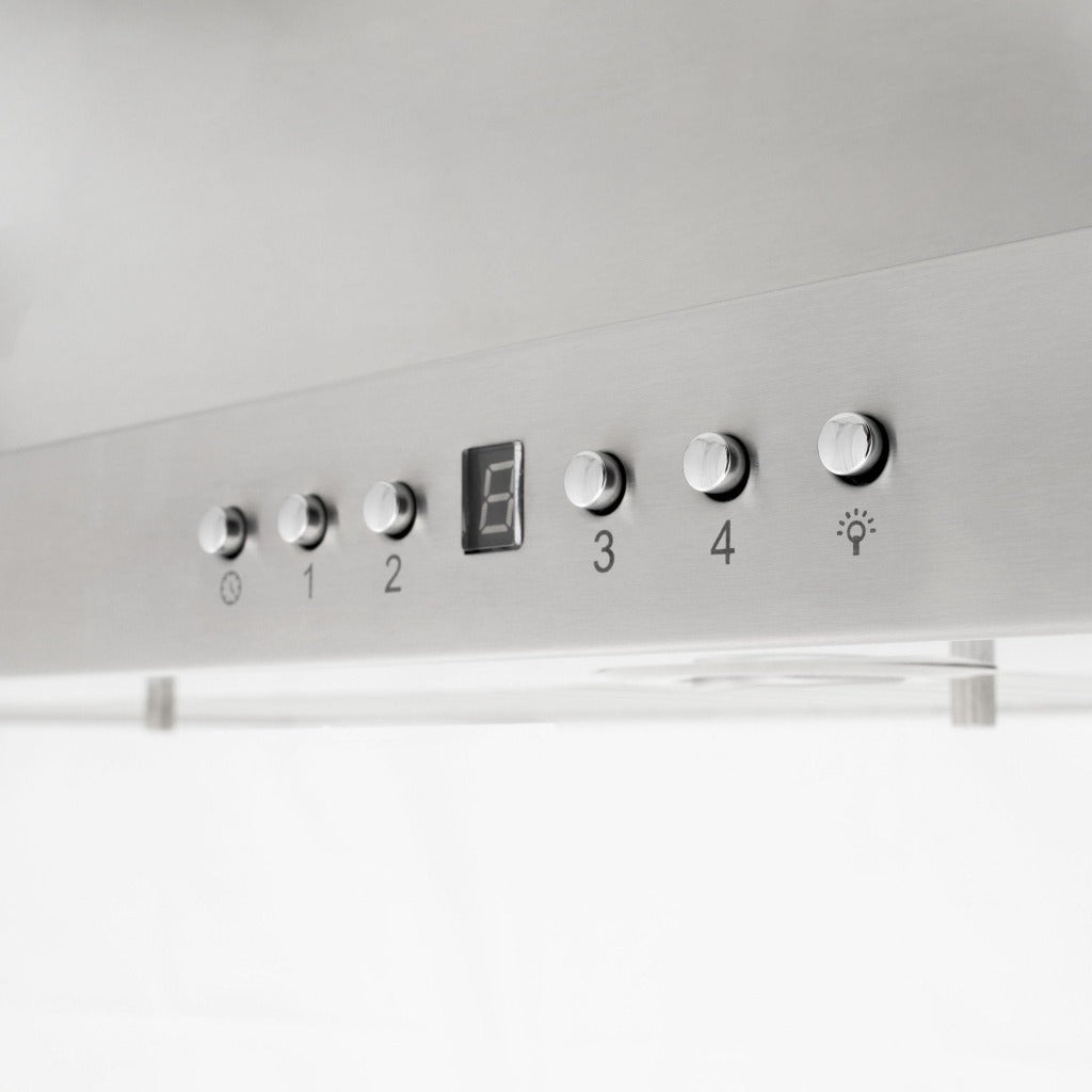 ZLINE Island Mount Range Hood In Stainless Steel (GL1i) button panel and display.