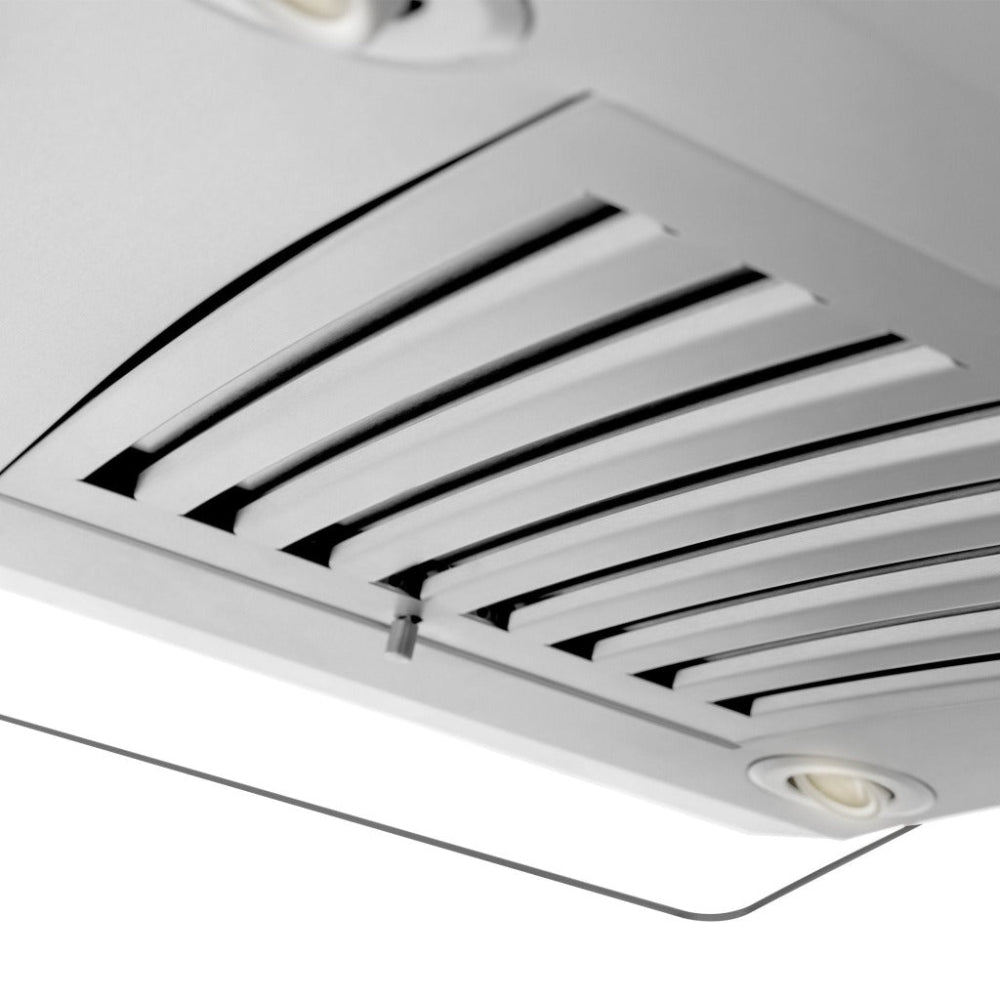 ZLINE Convertible Vent Island Mount Range Hood in Stainless Steel and Glass (GL14i) close-up, baffle filters.