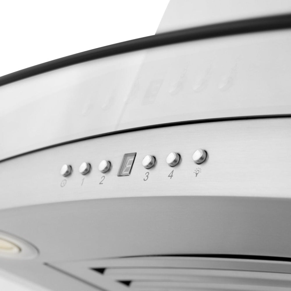 ZLINE Convertible Vent Island Mount Range Hood in Stainless Steel and Glass (GL14i) close-up, button controls and display.