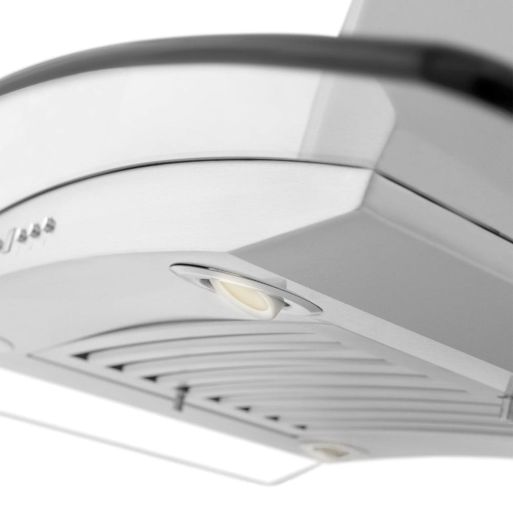 ZLINE Convertible Vent Island Mount Range Hood in Stainless Steel and Glass (GL14i) close-up, LED lighting.