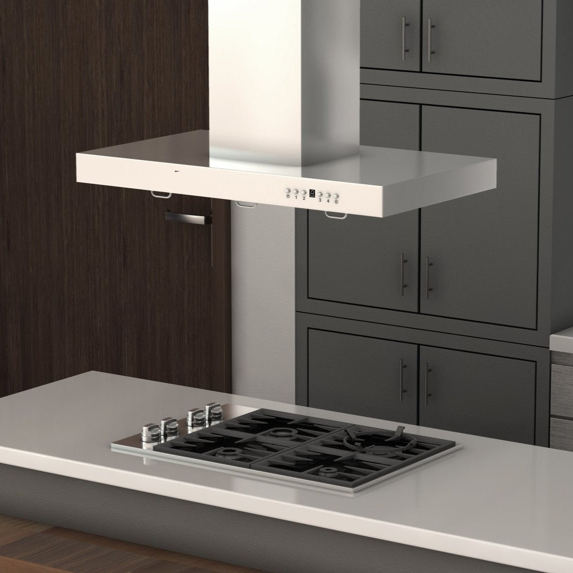 ZLINE Convertible Vent Island Mount Range Hood in Stainless Steel (KE2i) in modern luxury kitchen above cooktop with white countertop side view