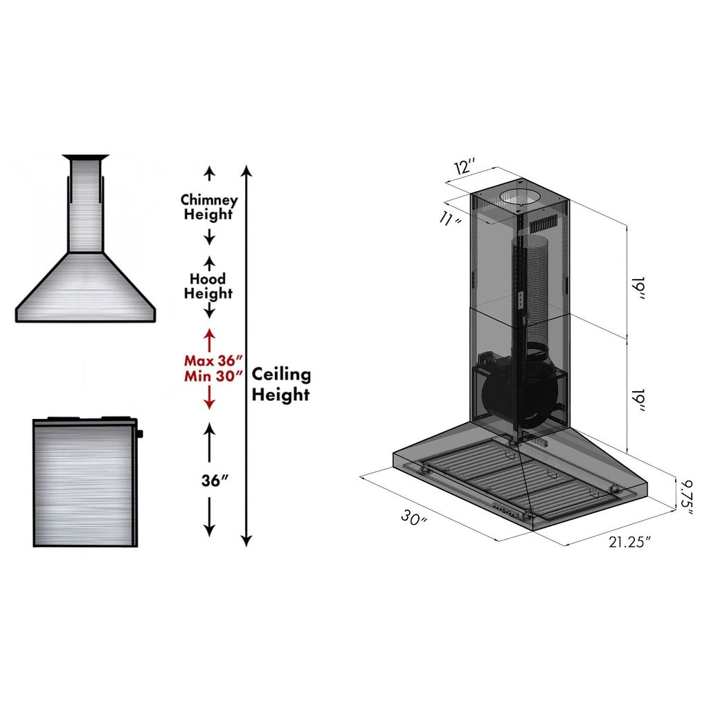 ZLINE Convertible Island Mount Range Hood in Stainless Steel (KL3i) dimensional diagram and chimney height guide.
