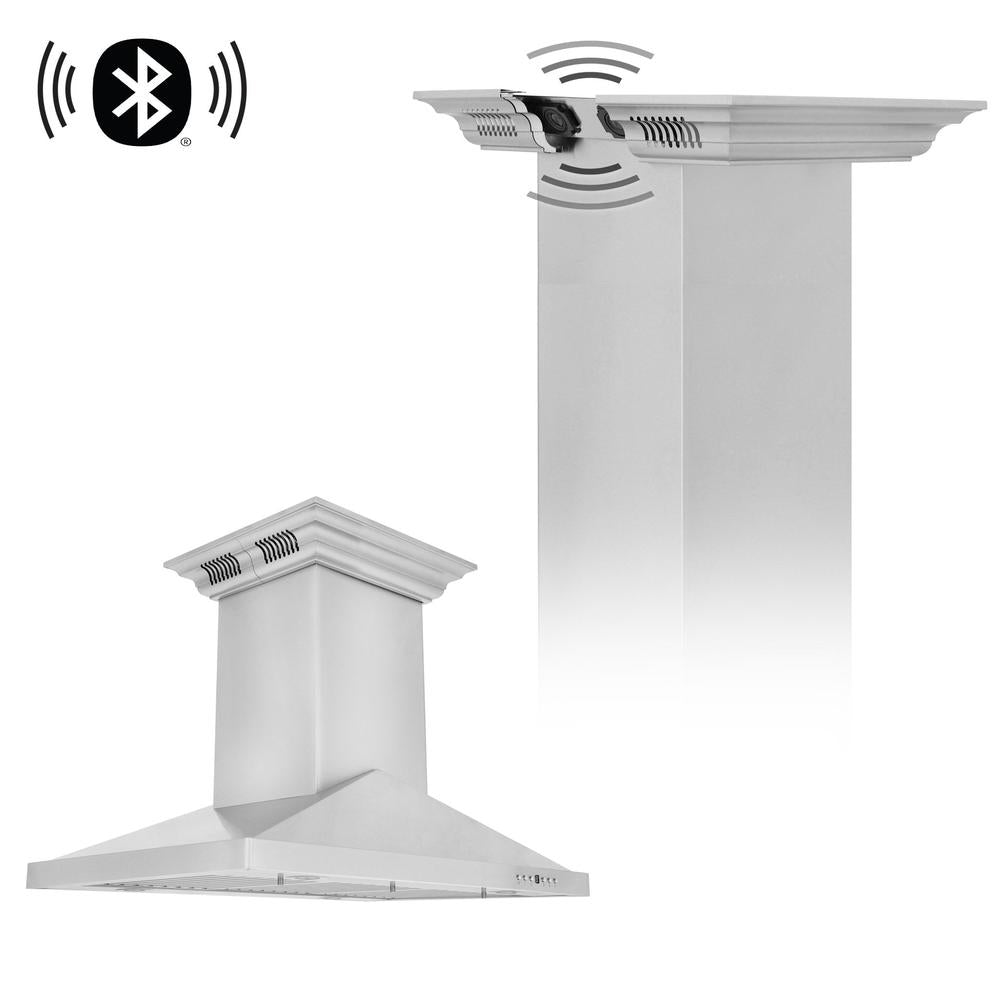 ZLINE Ducted Vent Island Mount Range Hood in Stainless Steel with Built-in ZLINE CrownSound Bluetooth Speakers (GL1iCRN-BT) main image.