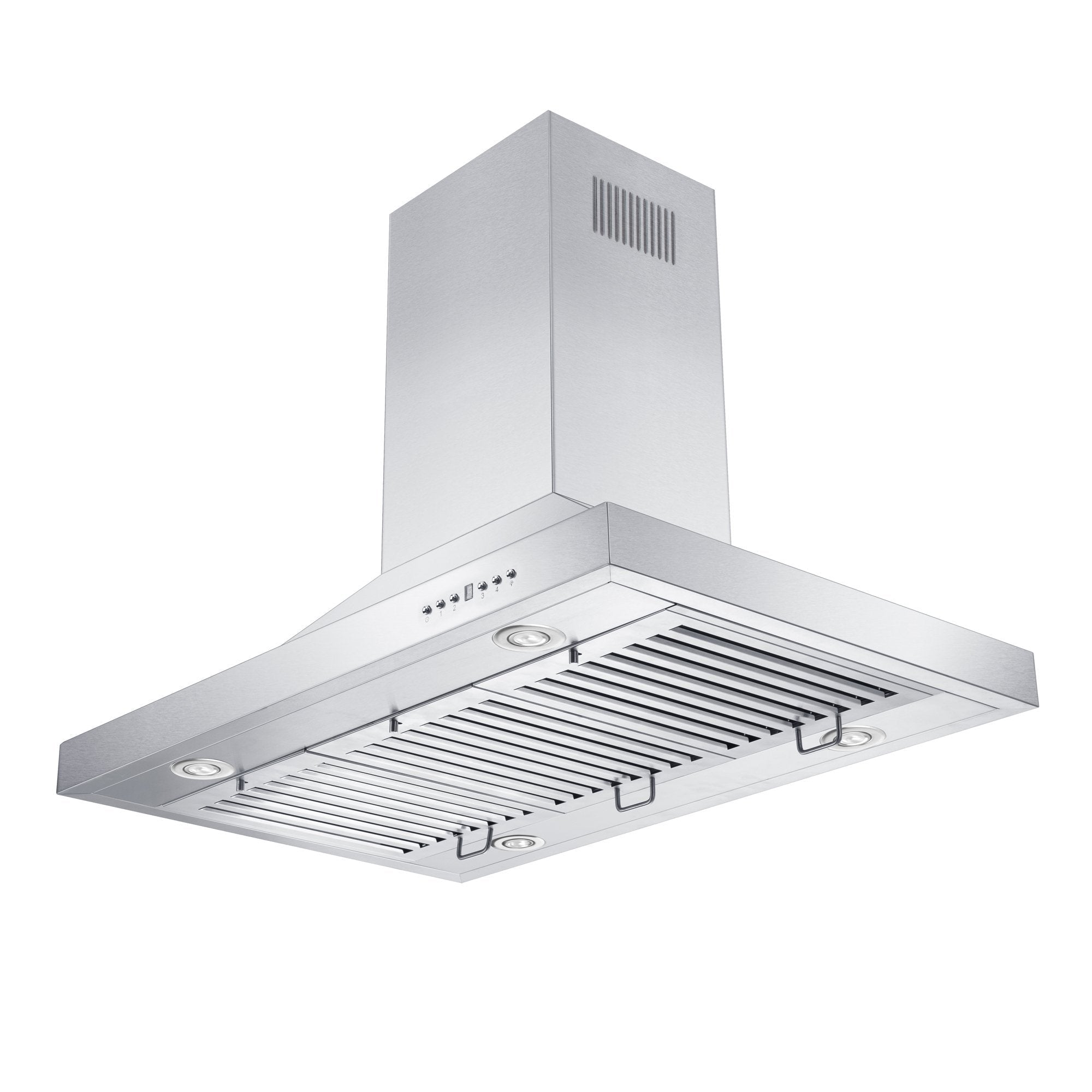 ZLINE Convertible Vent Island Mount Range Hood in Stainless Steel (GL2i) under view of LED lighting and baffle filters.