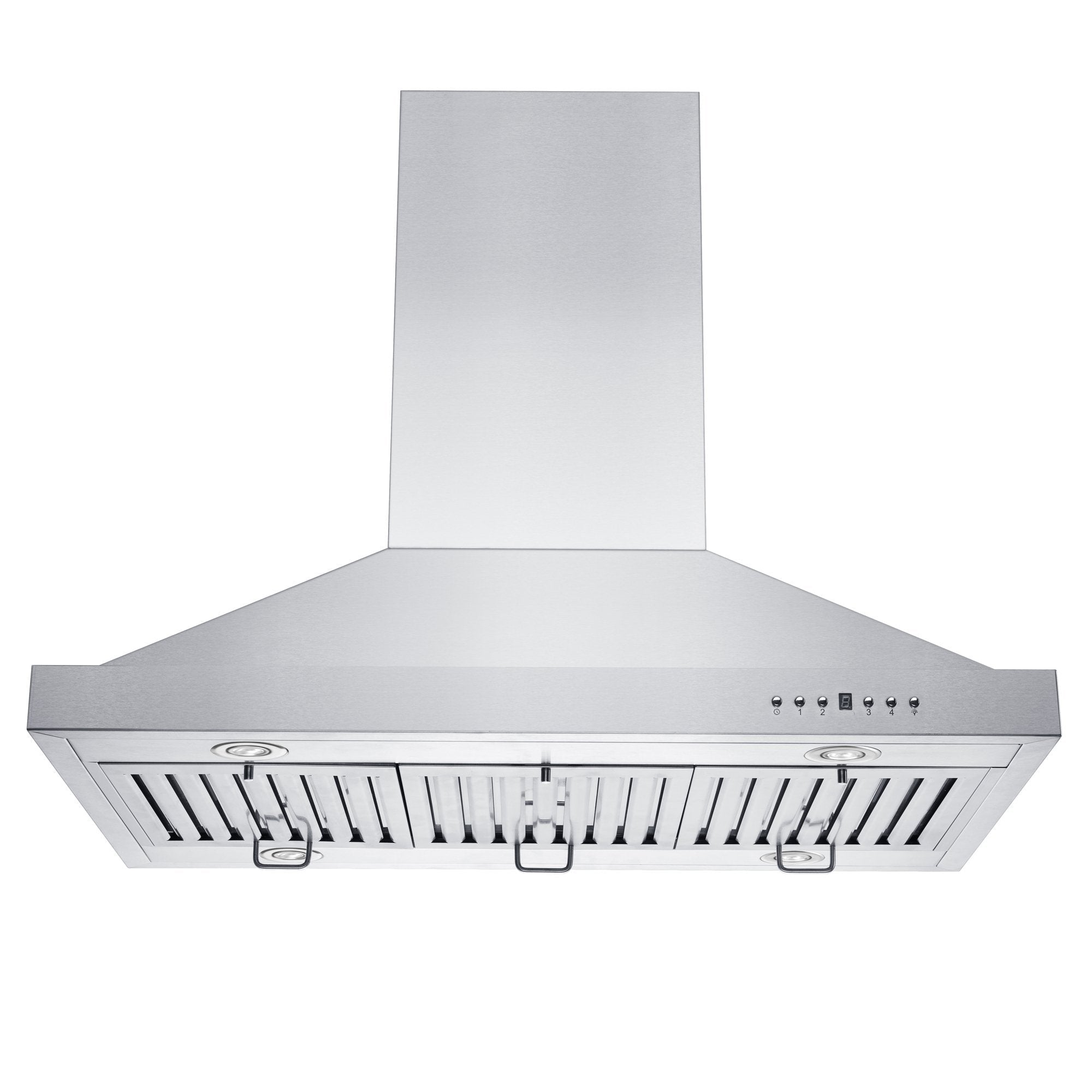 ZLINE Convertible Vent Island Mount Range Hood in Stainless Steel (GL2i) front under view of LED lighting and baffle filters.