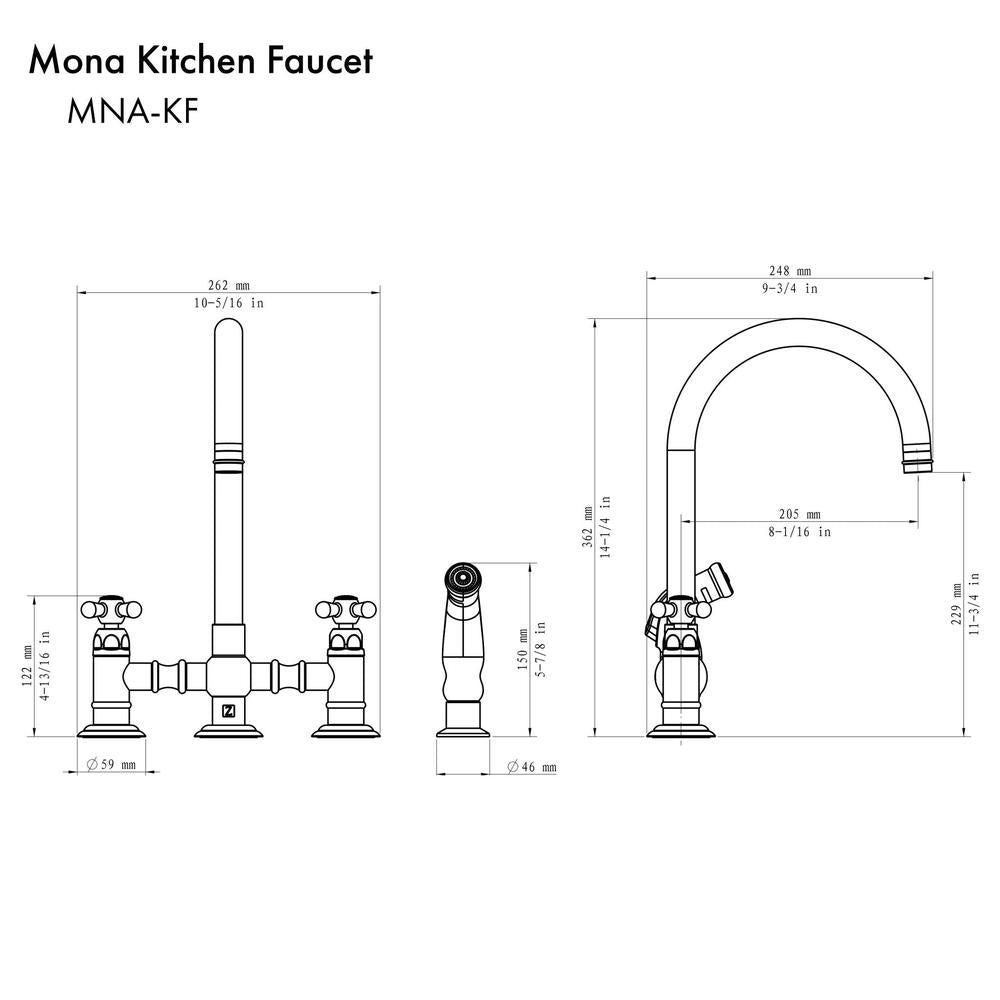 ZLINE Mona Kitchen Faucet (MNA-KF) dimensional diagram.