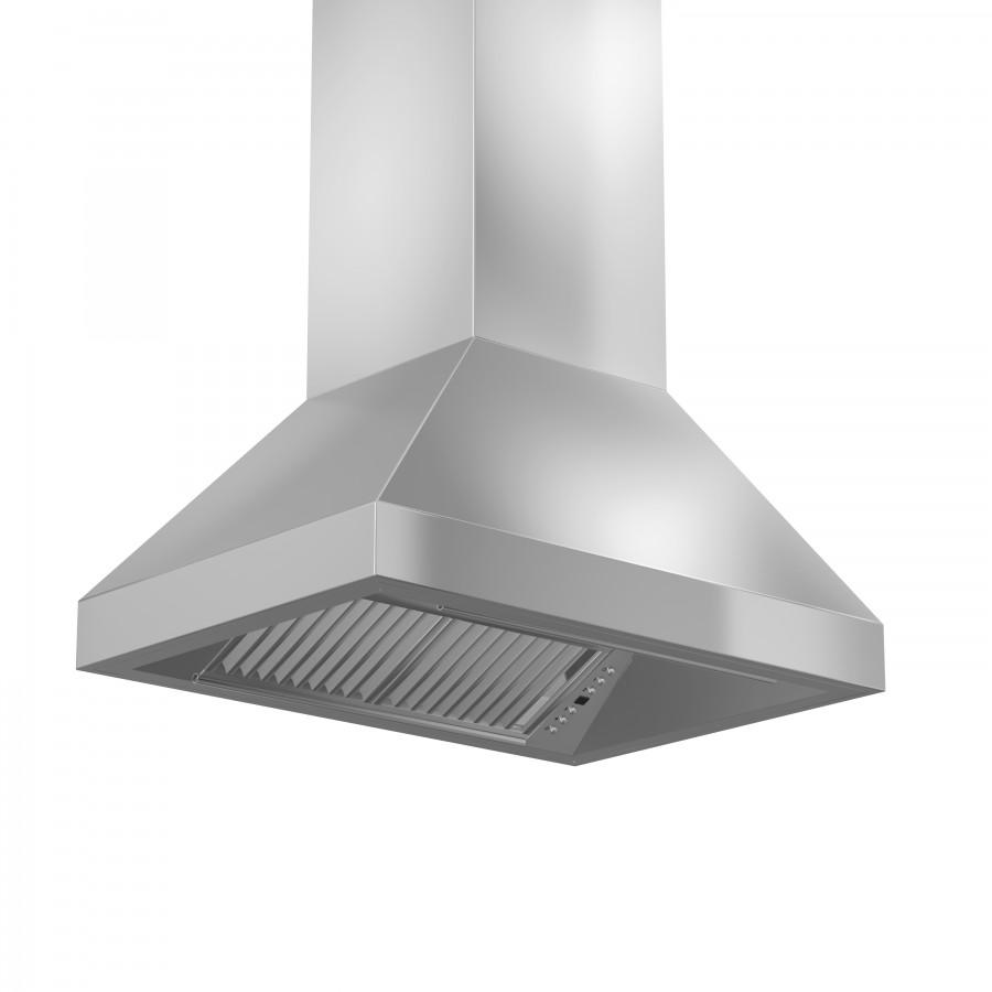 ZLINE Ducted Island Mount Range Hood in Outdoor Approved Stainless Steel (597i-304) side, under.