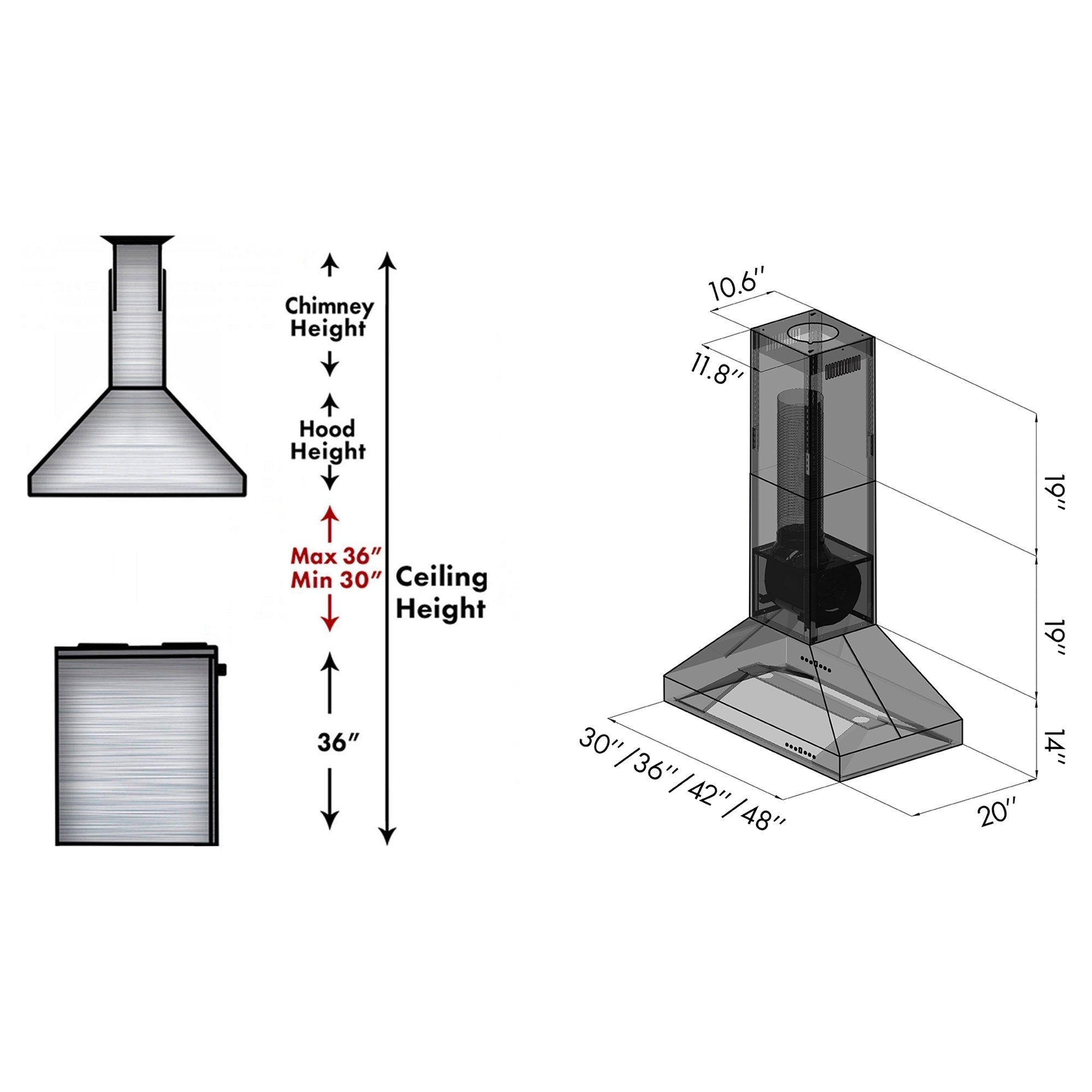 ZLINE Ducted Island Mount Range Hood in Outdoor Approved Stainless Steel (597i-304) dimensional measurements and chimney height guide.