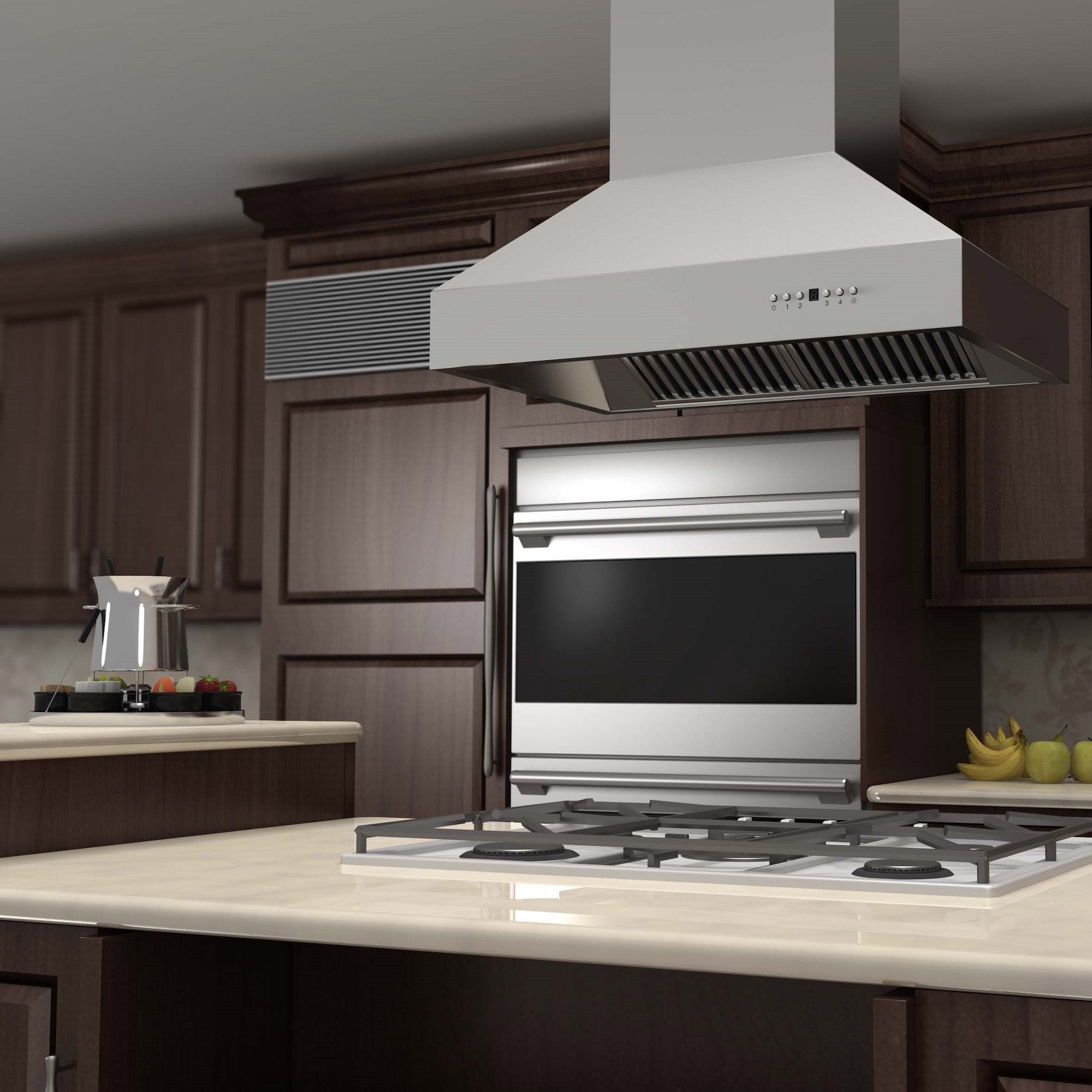 ZLINE Outdoor Approved Island Mount Range Hood in Stainless Steel (697i-304) rendering in a rustic kitchen.