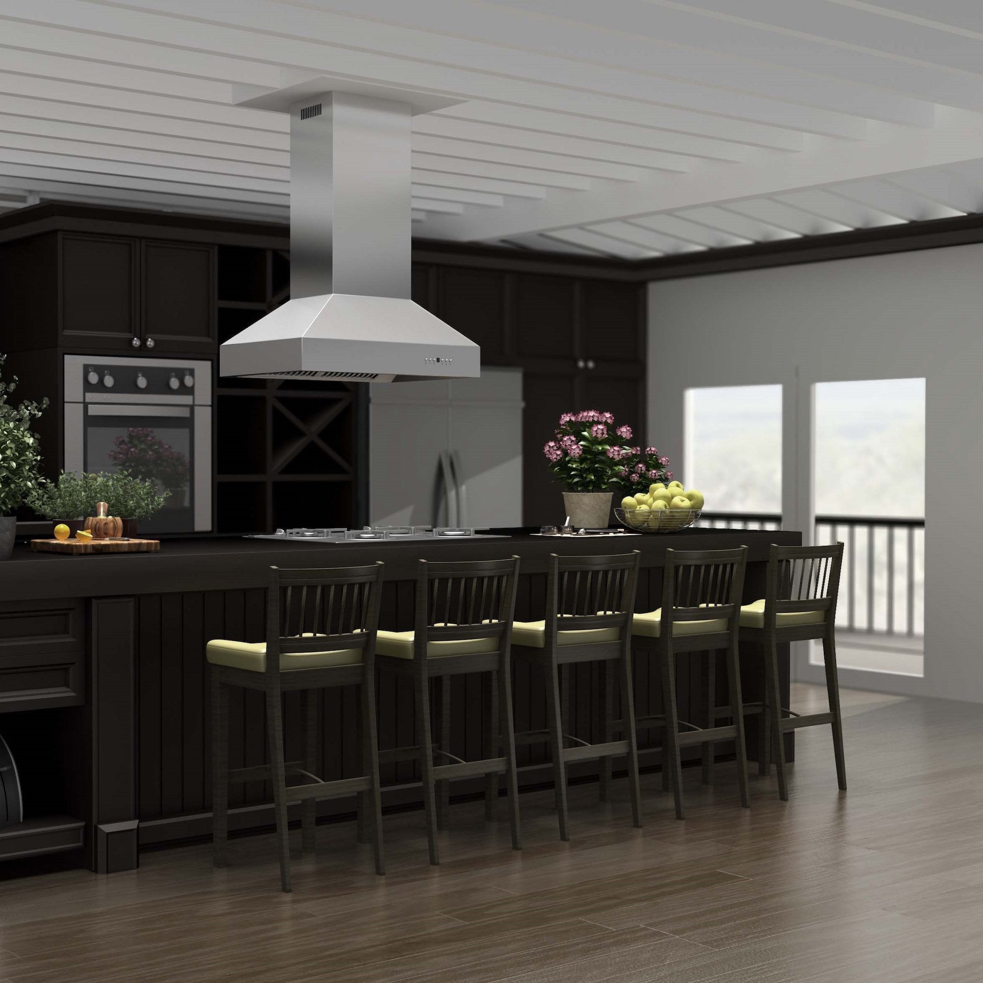 ZLINE Outdoor Approved Island Mount Range Hood in Stainless Steel (697i-304) rendering in a rustic kitchen wide.