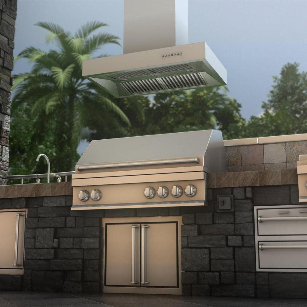 ZLINE Ducted Outdoor Island Mount Range Hood in Stainless Steel (KECOMi-304) rendering.