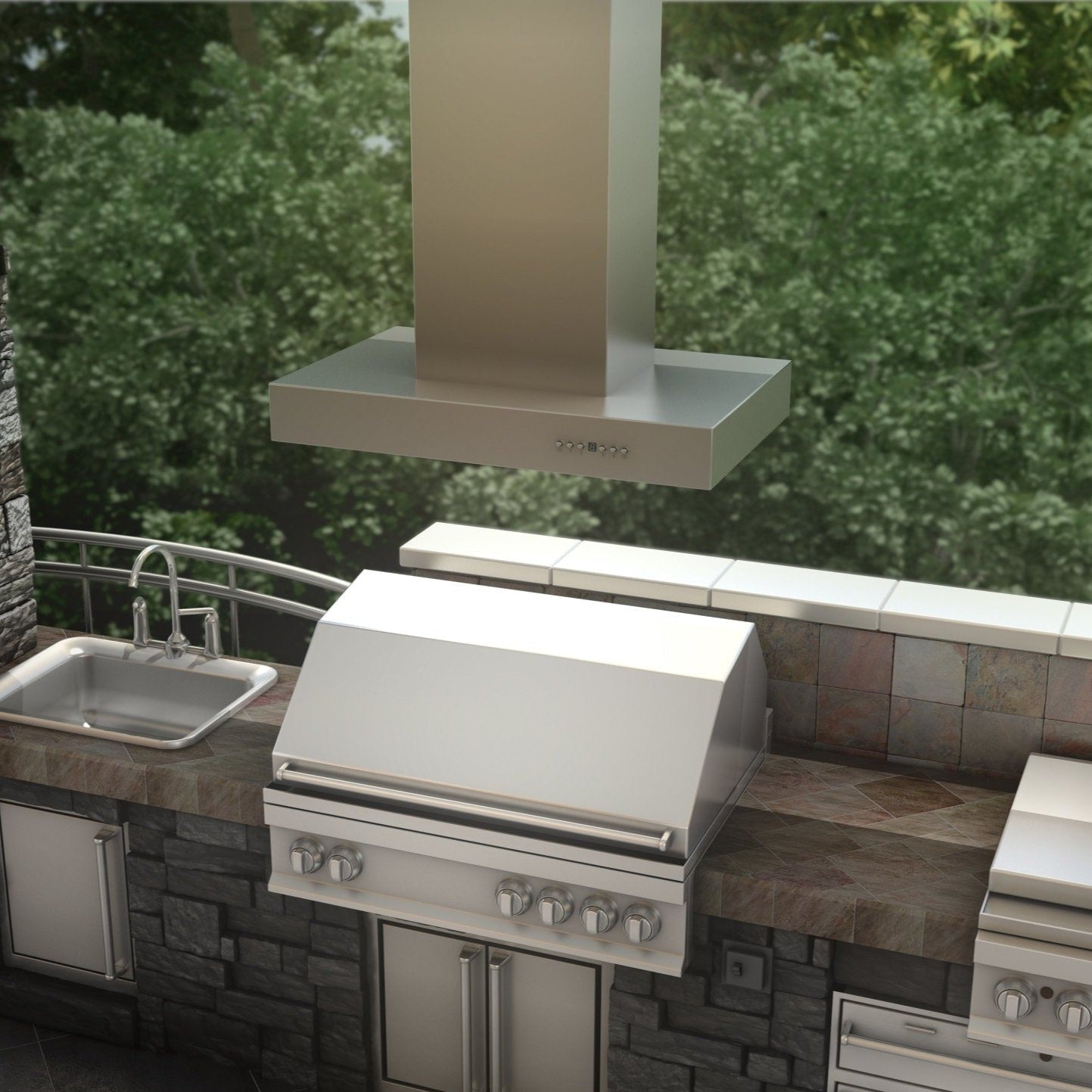 ZLINE Ducted Outdoor Island Mount Range Hood in Stainless Steel (KECOMi-304) rendering above an outdoor barbecue from above.