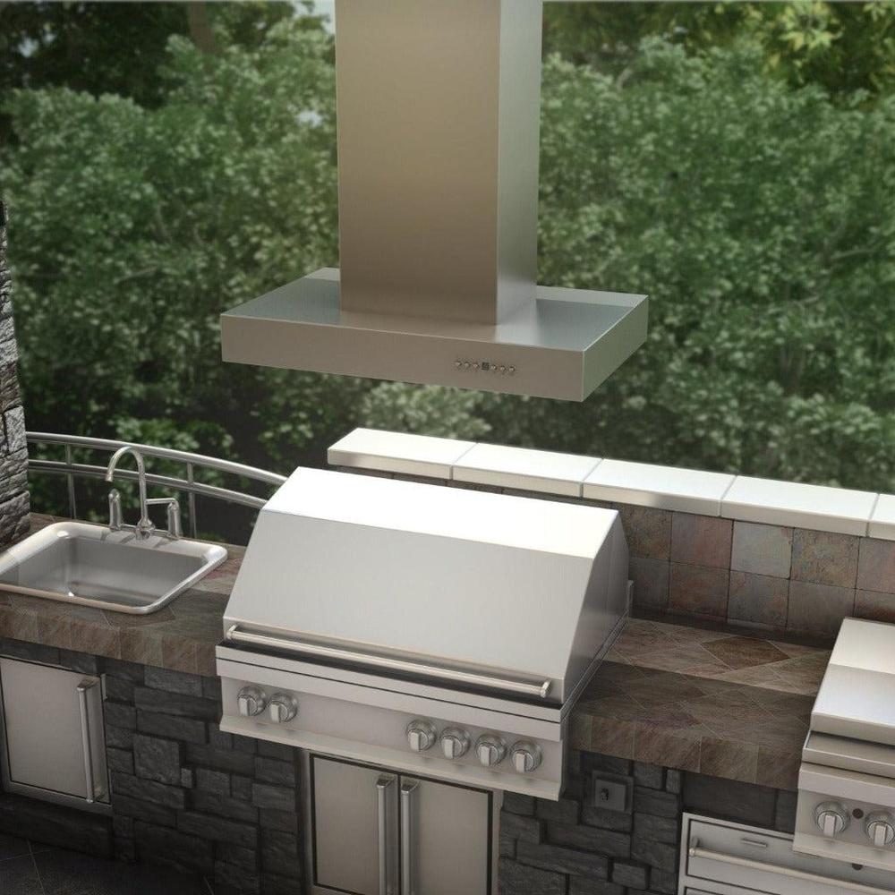 ZLINE Ducted Outdoor Island Mount Range Hood in Stainless Steel (KECOMi-304) rendering.