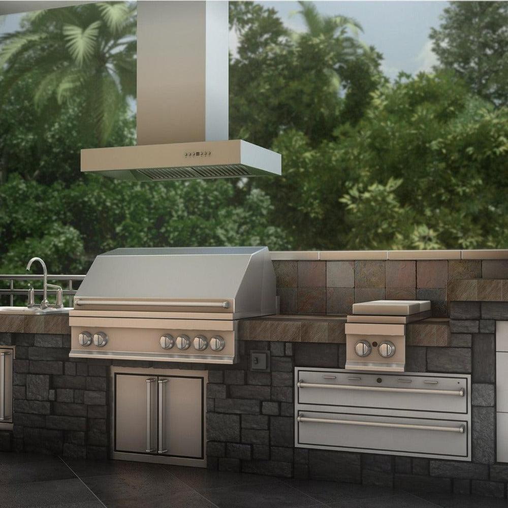 ZLINE Ducted Outdoor Island Mount Range Hood in Stainless Steel (KECOMi-304) rendering.