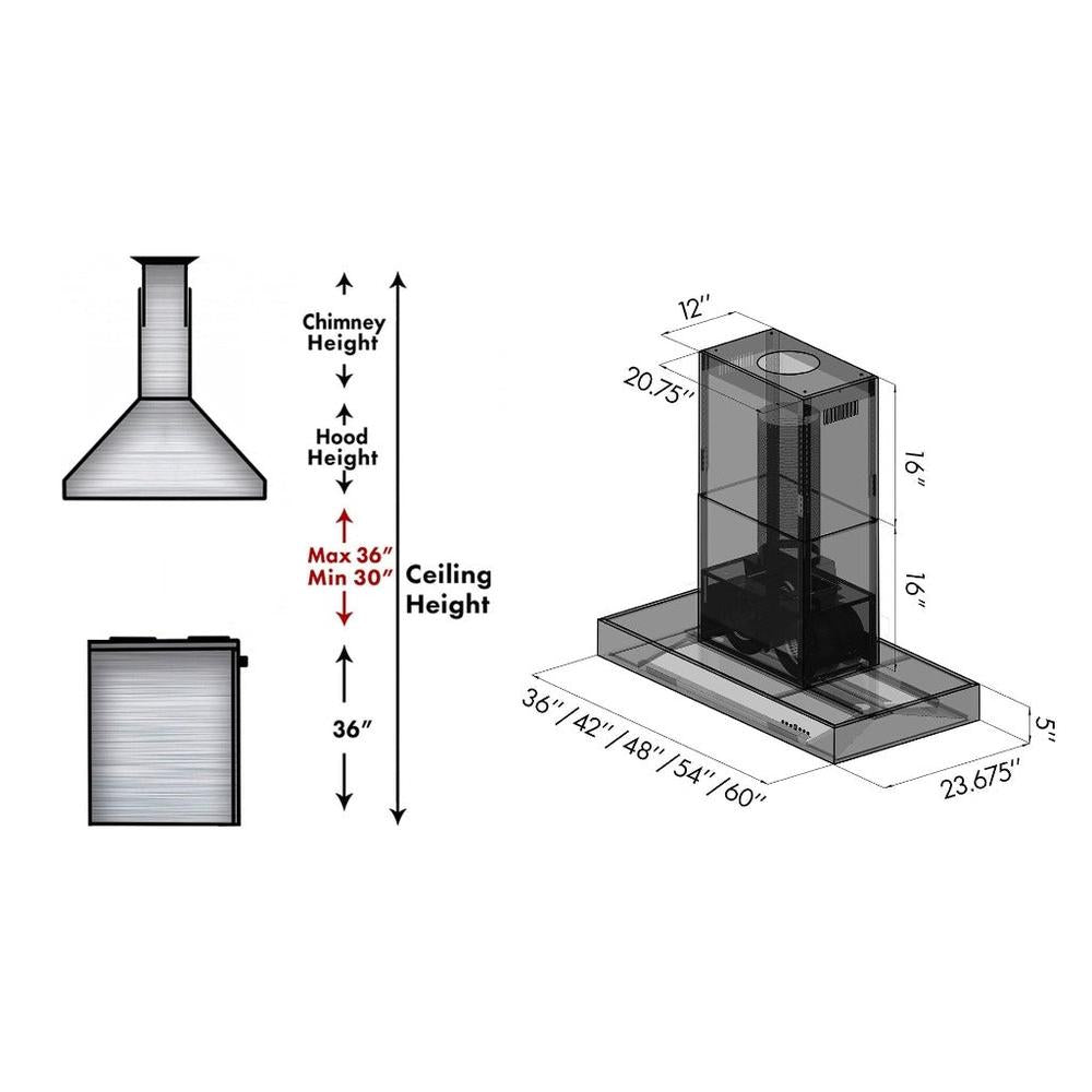 ZLINE Ducted Outdoor Island Mount Range Hood in Stainless Steel (KECOMi-304) dimensional diagram and chimney height guide.