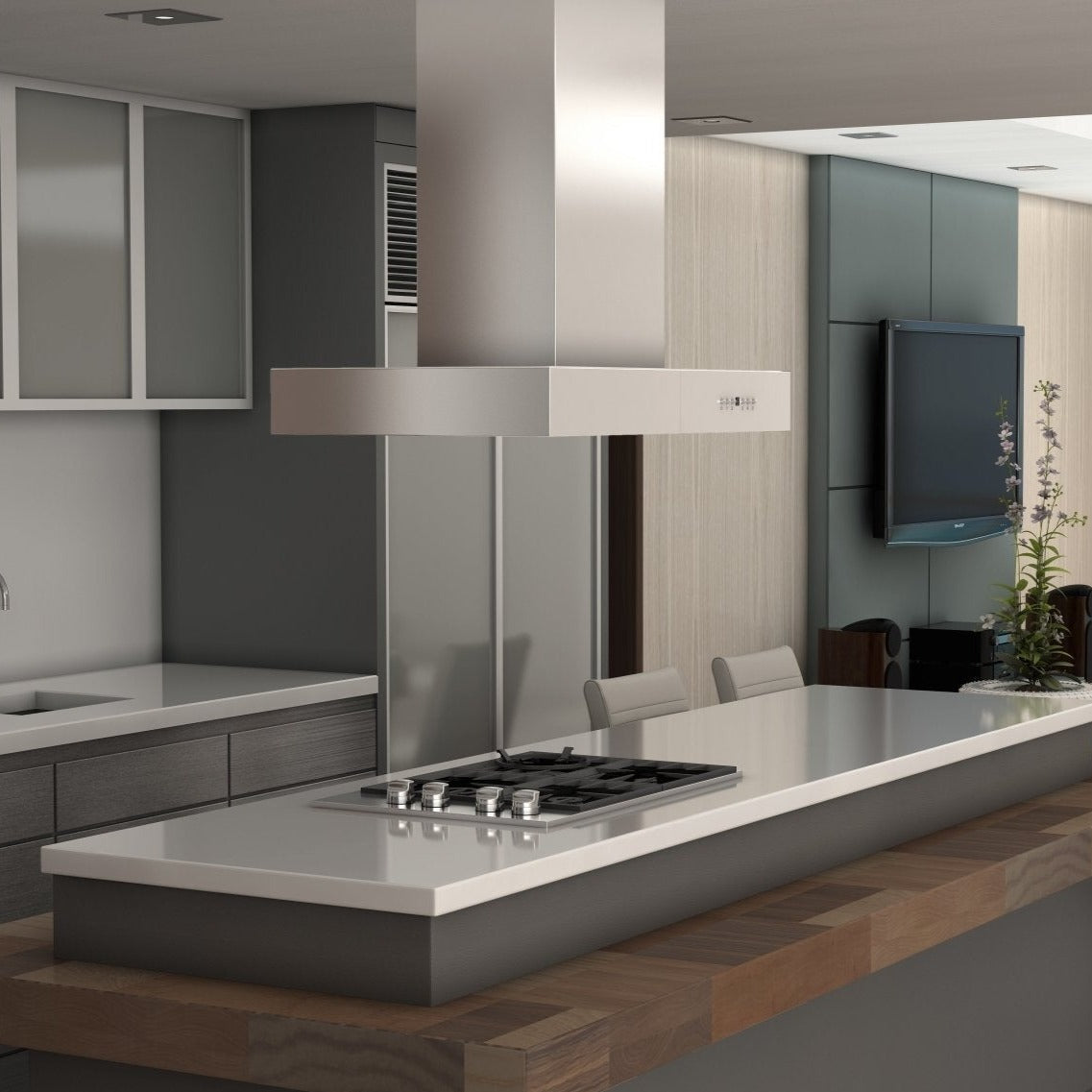 ZLINE Ducted Outdoor Island Mount Range Hood in Stainless Steel (KECOMi-304) rendering in a luxury kitchen.