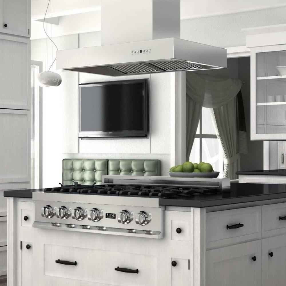 ZLINE Ducted Outdoor Island Mount Range Hood in Stainless Steel (KECOMi-304) rendering.