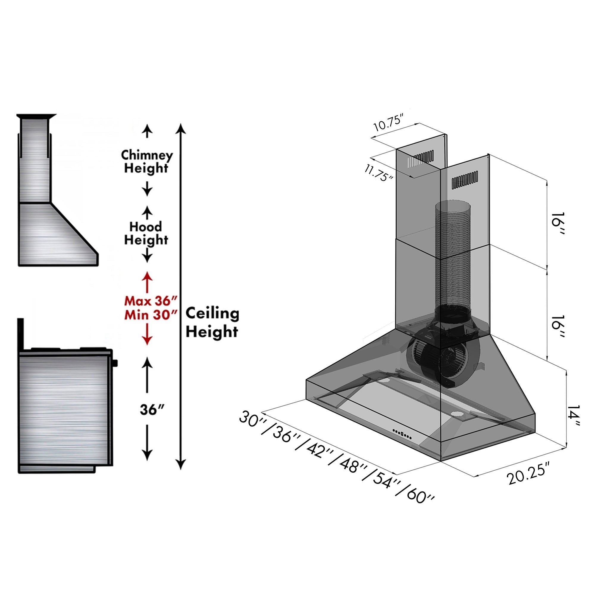 ZLINE Outdoor Wall Mount Range Hood in Stainless Steel (597-304) dimensions and chimney height guide.