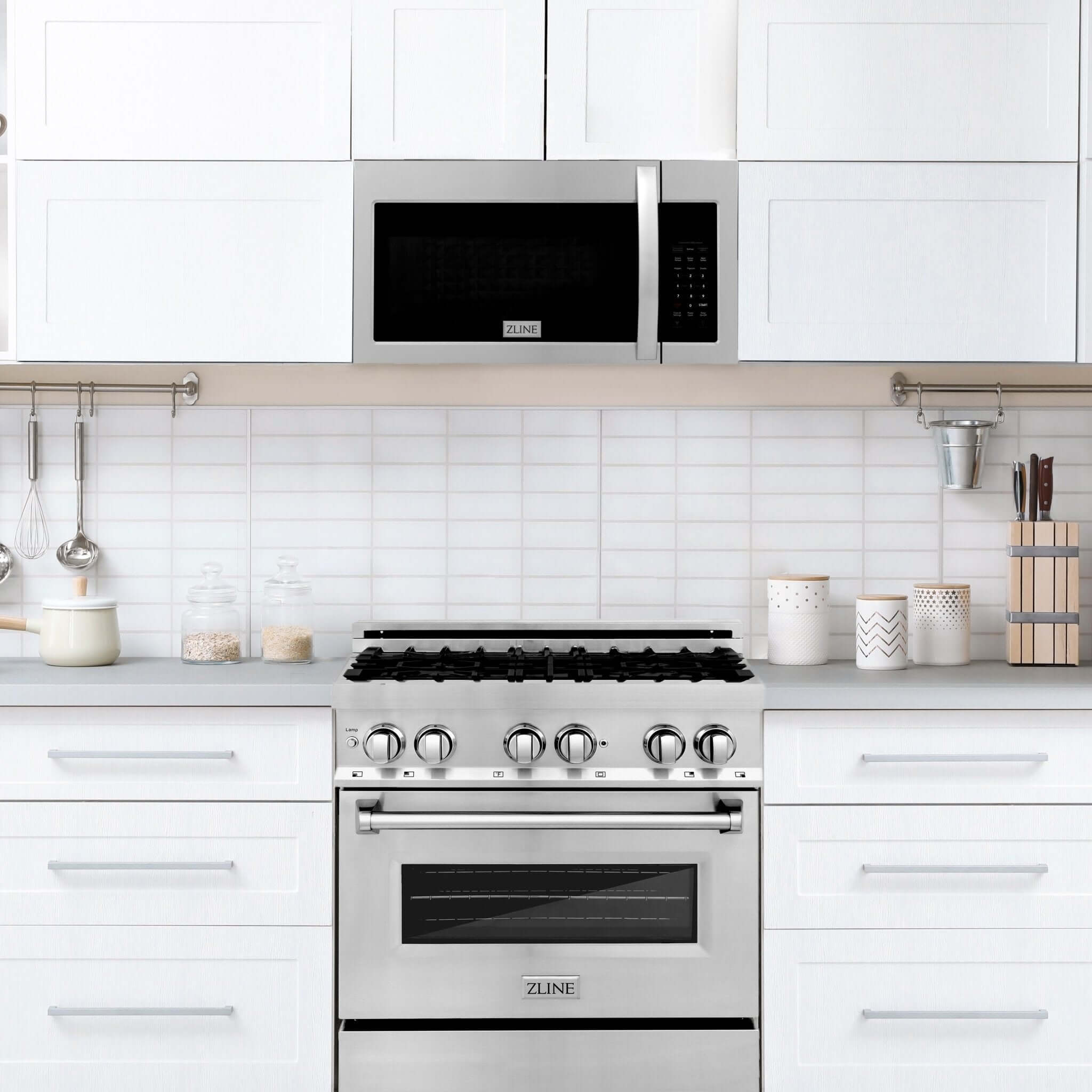 ZLINE Stainless Steel Over the Range Convection Microwave Oven with Modern Handle (MWO-OTR-30) in a modern farmhouse style kitchen over a range
