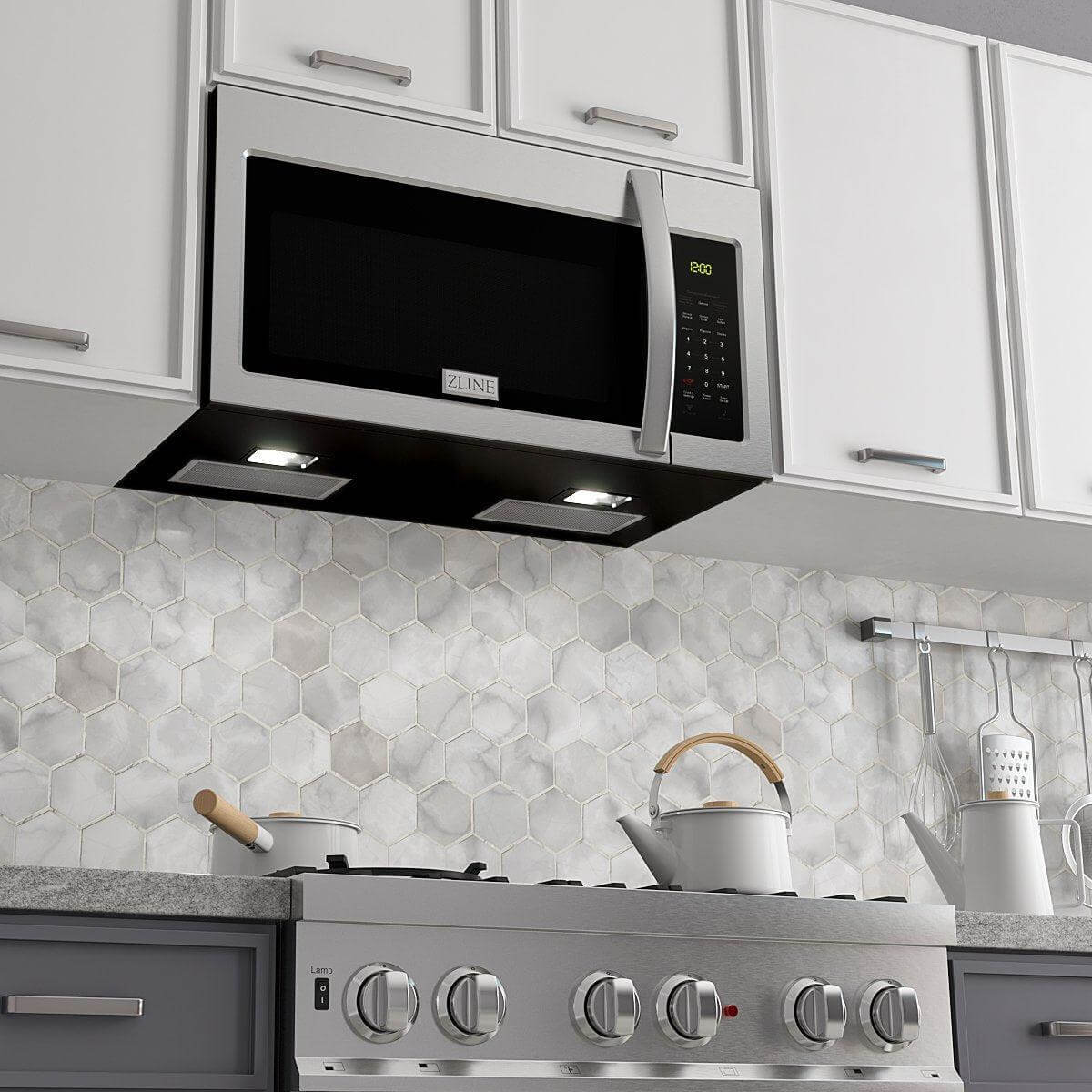 ZLINE Stainless Steel Over the Range Convection Microwave Oven with Modern Handle (MWO-OTR-30) installed in a farmhouse style kitchen over a ZLINE Range